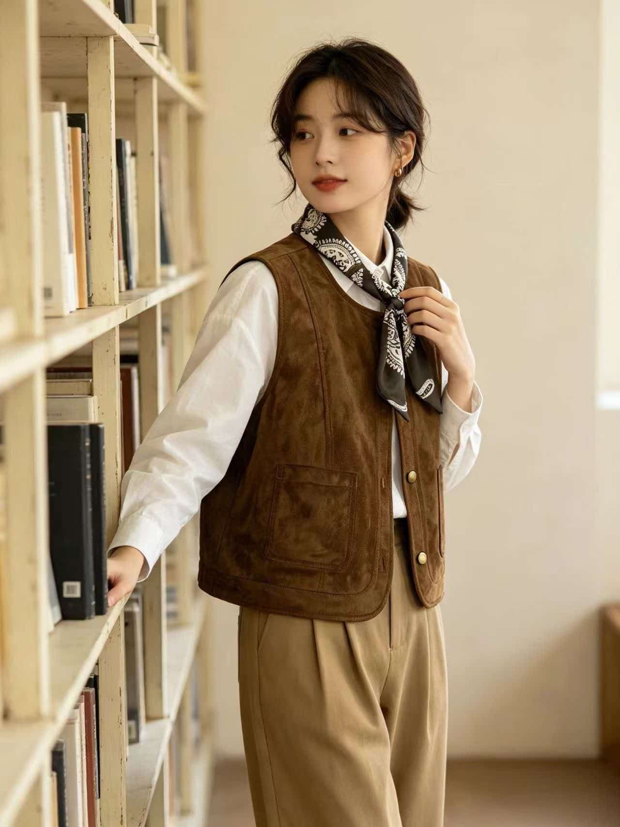 그 것들 옷장 아름다움 라드. 스웨이드 레트로 스택 착용 베스트 조끼 여성 V넥 루즈핏 쇼트 스타일 조끼 재킷 상세 이미지 3