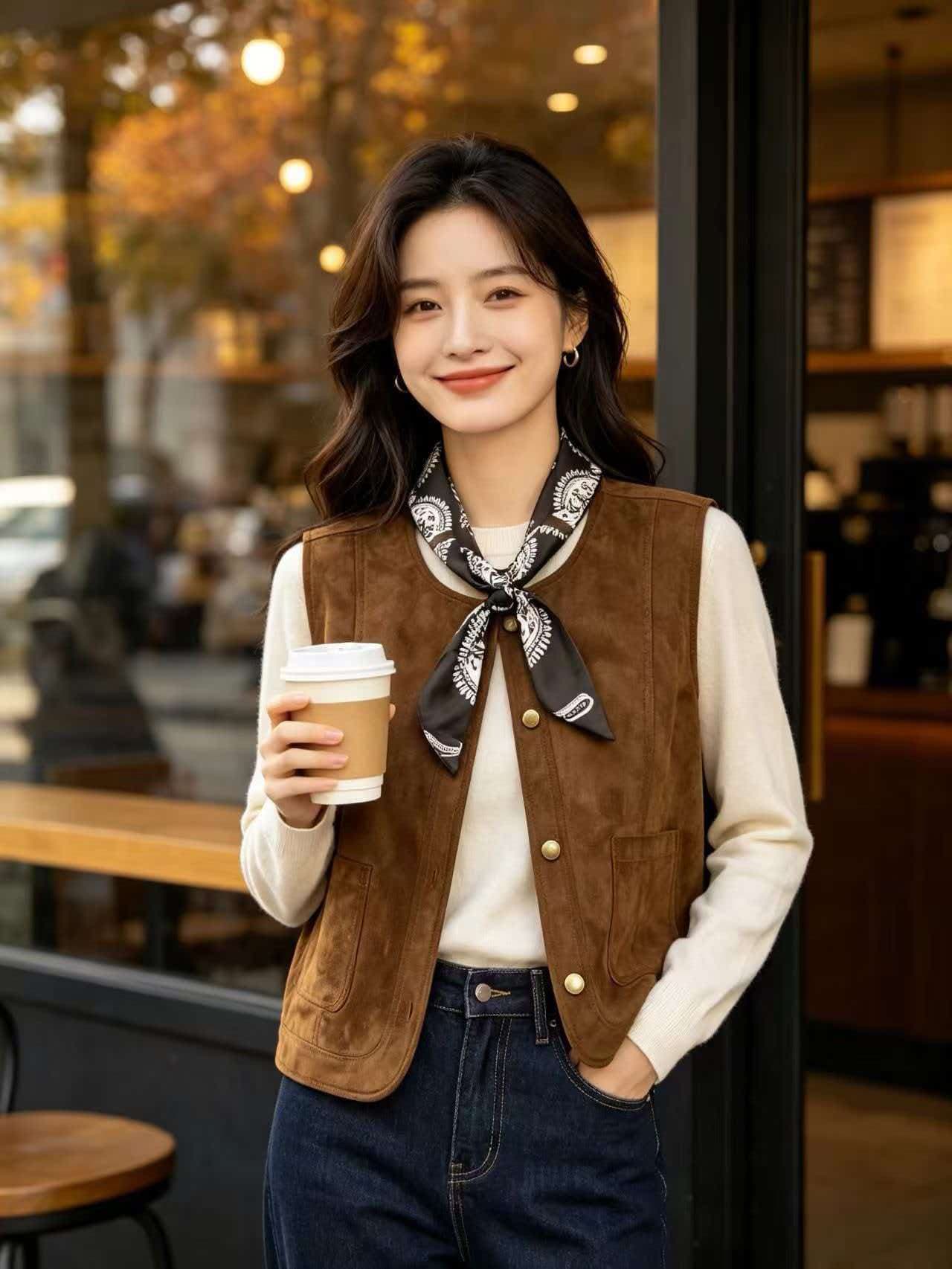 그 것들 옷장 아름다움 라드. 스웨이드 레트로 스택 착용 베스트 조끼 여성 V넥 루즈핏 쇼트 스타일 조끼 재킷 상세 이미지 4