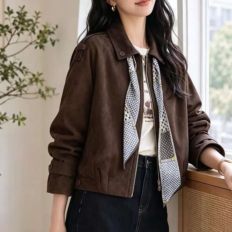 브라운 레트로 모방 스웨이드 원단 폴로 칼라 여성 코트 2026 봄 가을 지퍼 쇼트 스타일 아름다움 라드. 재킷 작은 키 로드 중 이미지 4
