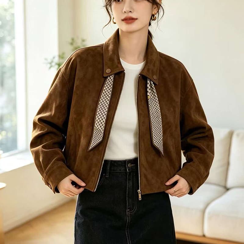 브라운 레트로 모방 스웨이드 원단 폴로 칼라 여성 코트 2026 봄 가을 지퍼 쇼트 스타일 아름다움 라드. 재킷 작은 키 로드 중 이미지 2