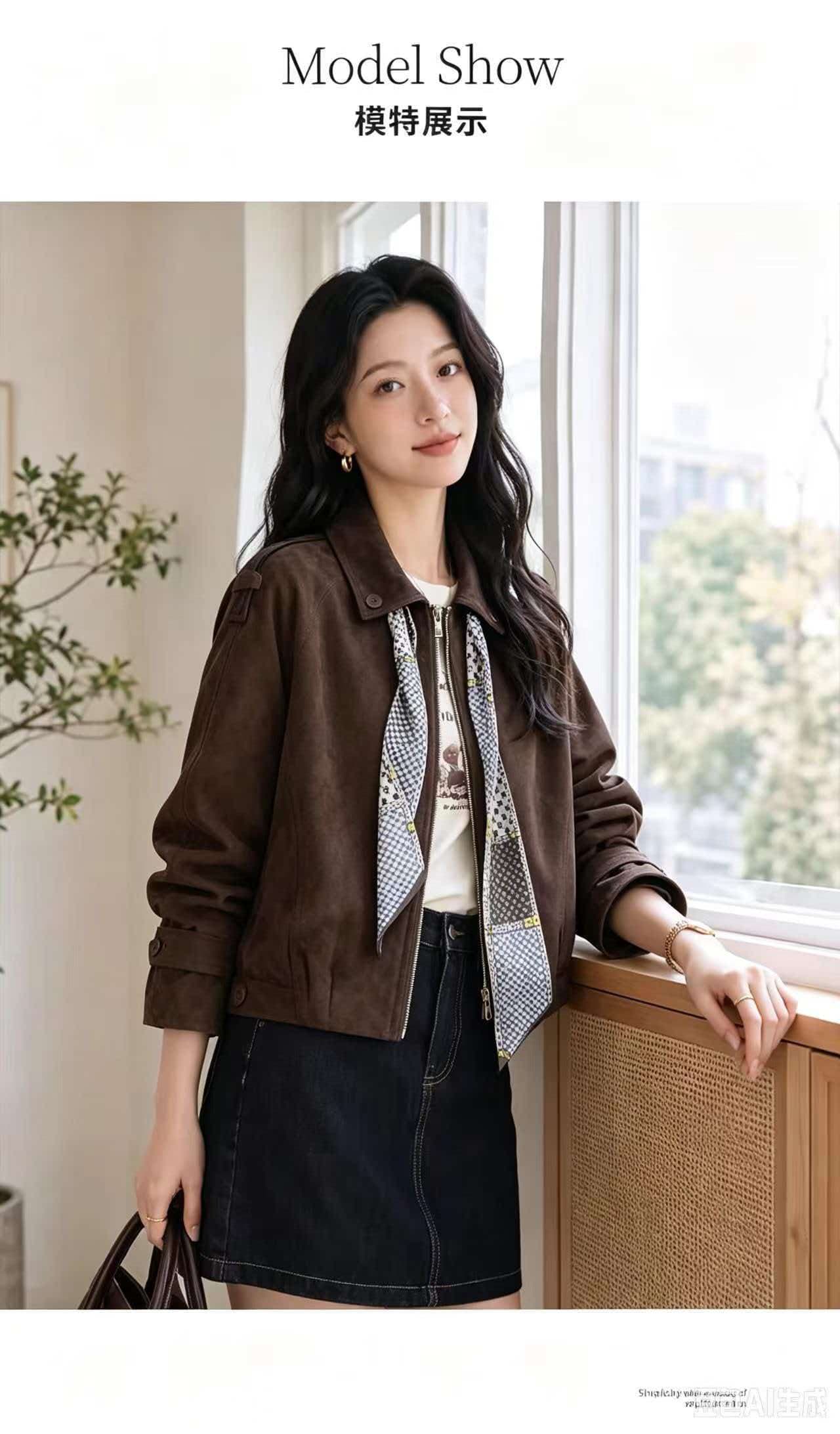 브라운 레트로 모방 스웨이드 원단 폴로 칼라 여성 코트 2026 봄 가을 지퍼 쇼트 스타일 아름다움 라드. 재킷 작은 키 로드 중 상세 이미지 3