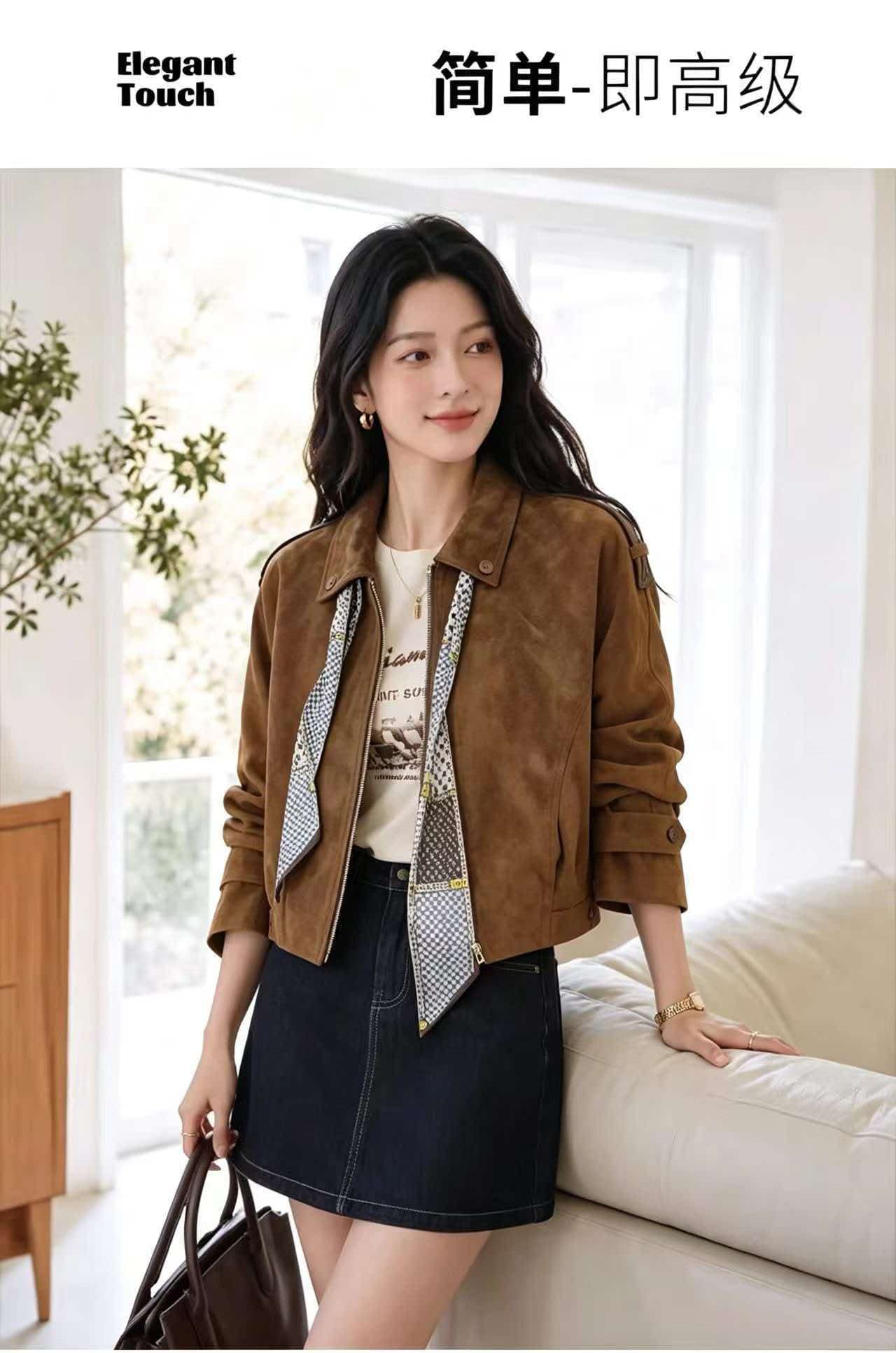 브라운 레트로 모방 스웨이드 원단 폴로 칼라 여성 코트 2026 봄 가을 지퍼 쇼트 스타일 아름다움 라드. 재킷 작은 키 로드 중 상세 이미지 4
