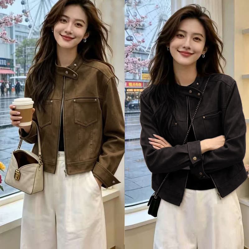 mukok 연기 팅 저녁 커피 색상 스웨이드 원단 재킷 재킷 여성 짧은 가을 새로운 작은 키 짧은 외투 상세 이미지 2