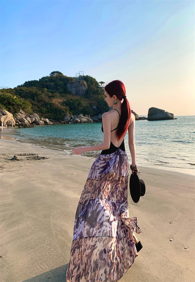 유럽과 미국 스타일 휴가 행침 목 드레스 슬립 홀로우 아웃 다시 유출 레오파드 무늬 페이크 레이어드 빛 예복 상세 이미지 11