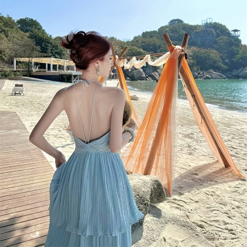 emvy chic larelle 파란색 백리스 스트랩 롱 스커트 프랑스식 드레스 디자인 센스 이미지 5