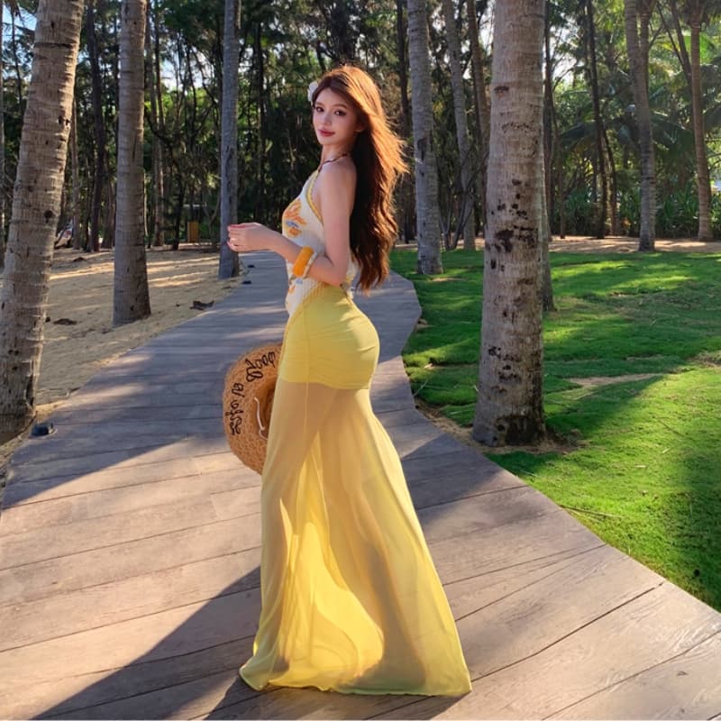 gege shop 전원 바람이 아닙니다. 규칙 행침 목 조끼 여성 몸매 가꾸기 디자인 센스 황색 망사 반신 스커트 휴가 이미지 5