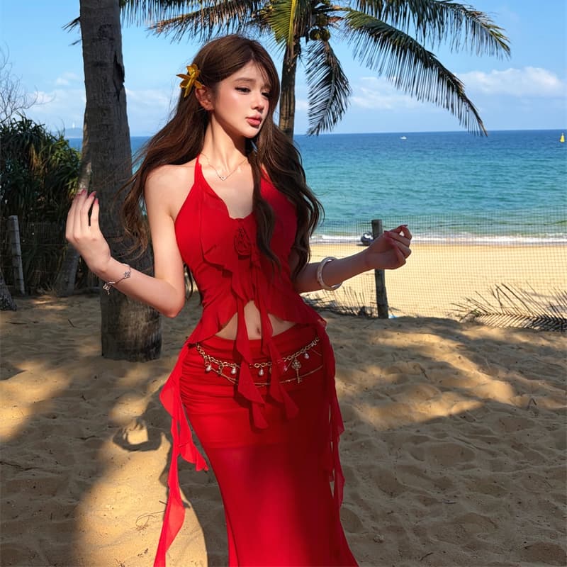 빨간색 프릴 계층의 감각 슬립 리본 반신 스커트 분위기 센스 해변가 해변 휴가 착용 가져 가라. 투피스 세트 이미지 2