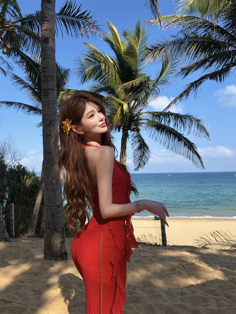 빨간색 프릴 계층의 감각 슬립 리본 반신 스커트 분위기 센스 해변가 해변 휴가 착용 가져 가라. 투피스 세트 상세 이미지 1