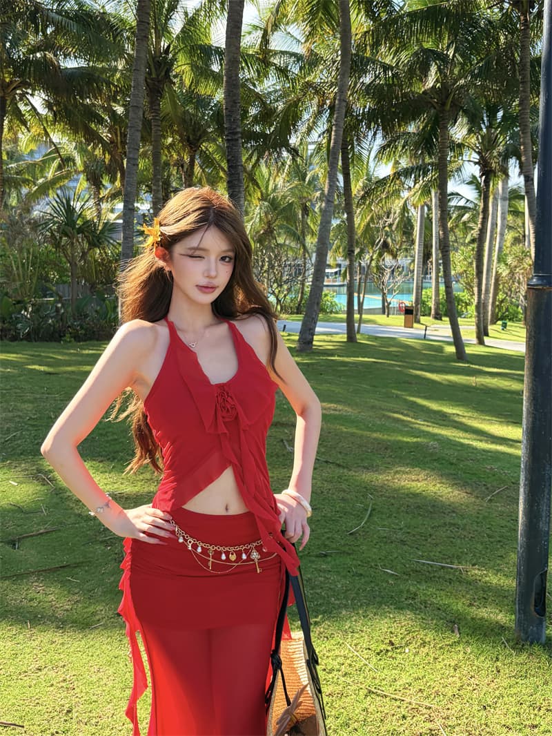 빨간색 프릴 계층의 감각 슬립 리본 반신 스커트 분위기 센스 해변가 해변 휴가 착용 가져 가라. 투피스 세트 상세 이미지 10