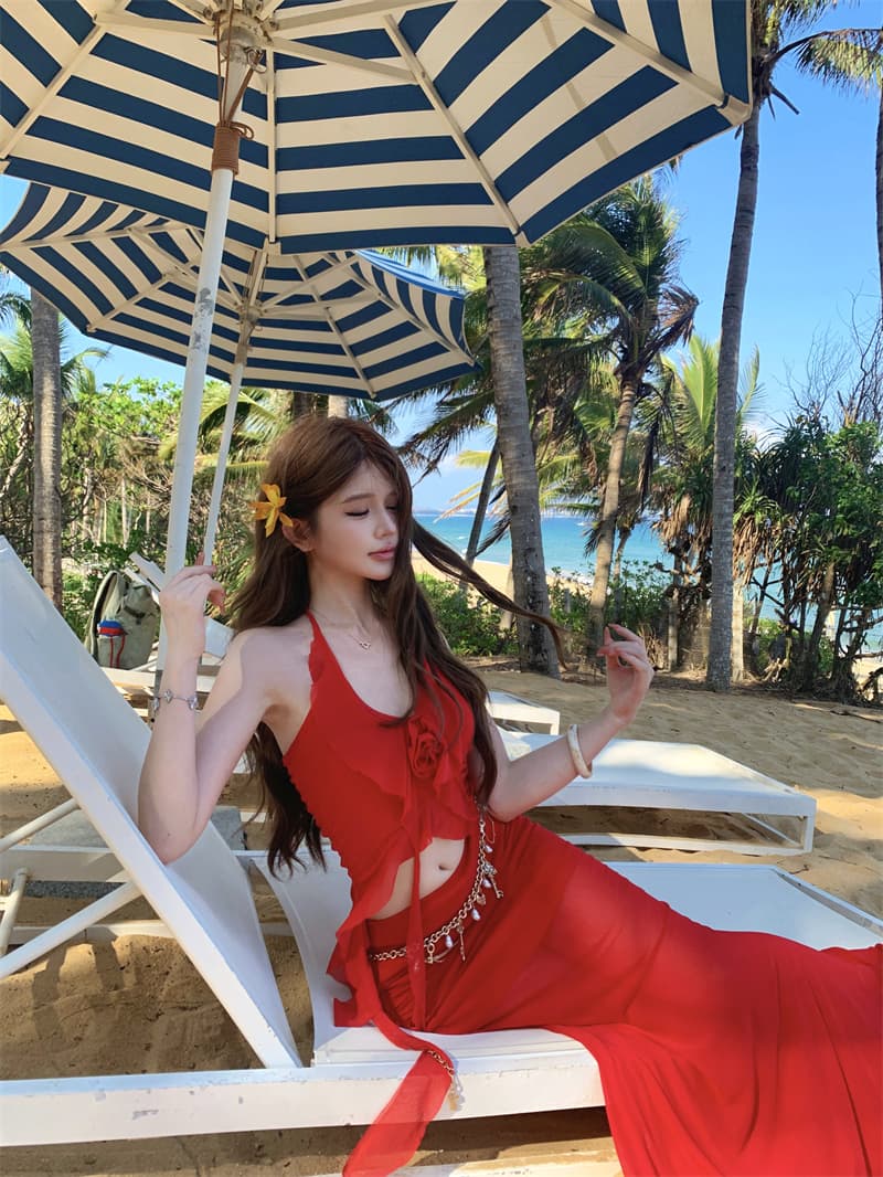 빨간색 프릴 계층의 감각 슬립 리본 반신 스커트 분위기 센스 해변가 해변 휴가 착용 가져 가라. 투피스 세트 상세 이미지 16