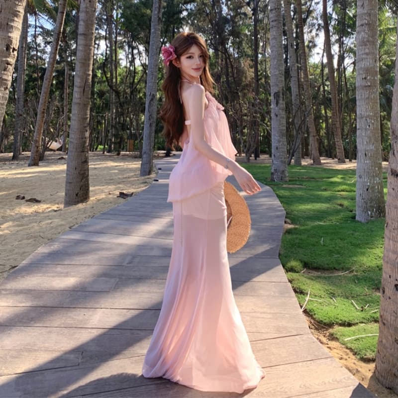 꽃 행침 목 슬립 꽃밭 조끼 순수한 욕망 바람 튜브탑 망사 작은 대중 백리스 맨위 반신 치마 세트 이미지 4