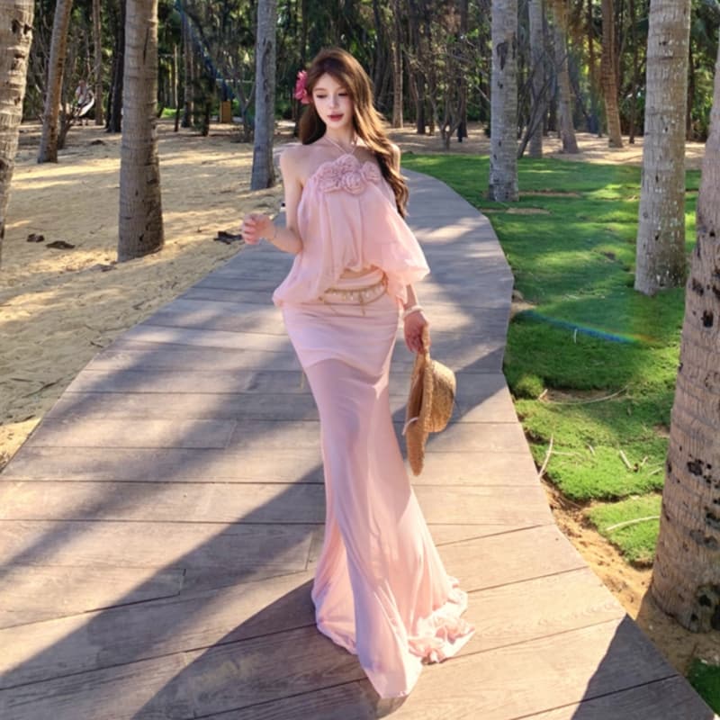 꽃 행침 목 슬립 꽃밭 조끼 순수한 욕망 바람 튜브탑 망사 작은 대중 백리스 맨위 반신 치마 세트 이미지 2