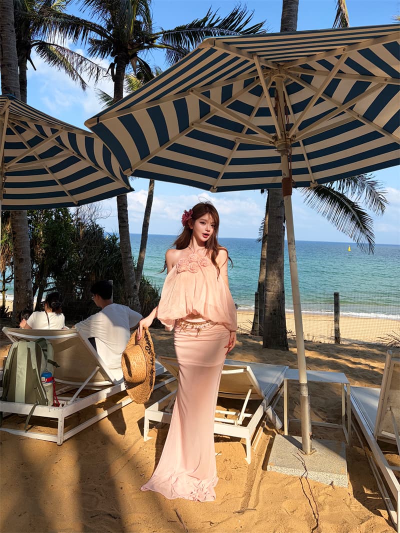 꽃 행침 목 슬립 꽃밭 조끼 순수한 욕망 바람 튜브탑 망사 작은 대중 백리스 맨위 반신 치마 세트 상세 이미지 9