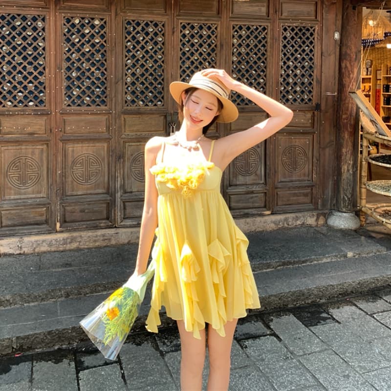 휴가 바람 프랑스식 꽃 슬립 여성 드레스 여름 프릴 황색 치마 부드러운 루즈핏 한 마디 미니 스커트 이미지 4