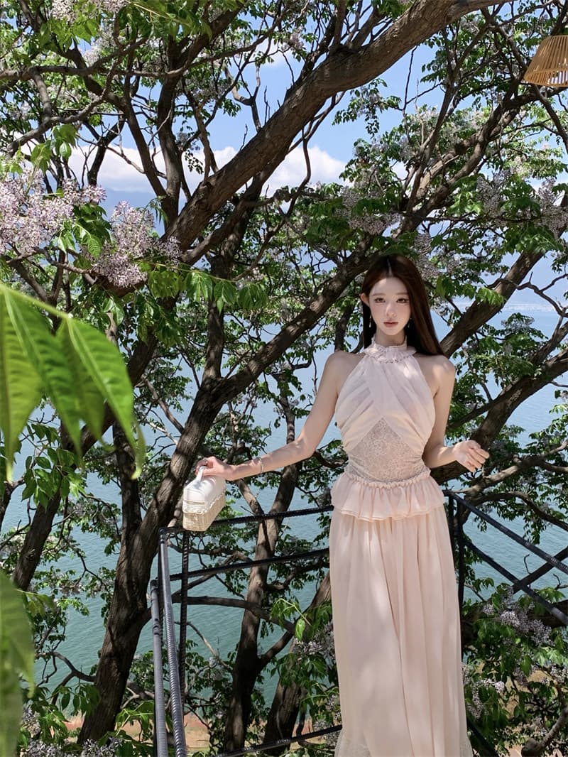프랑스식 레이스 행침 목 맨위 여름 민소매 조끼 해변가 휴가 바람 프릴 투피스 드레스 상세 이미지 8