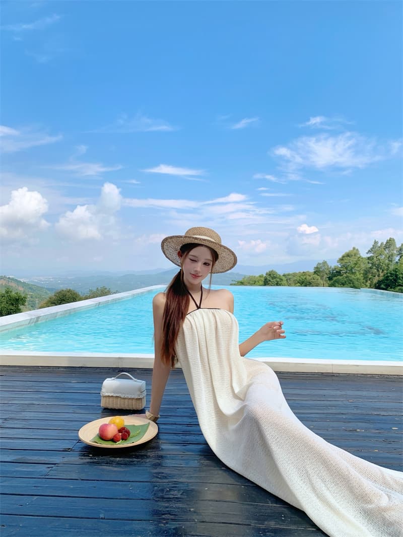 프랑스식 부드러운 쌀 화이트 배색 행침 목 여성 드레스 여름 홀로우 아웃 이슬 허리 슬림해 보이는 우아한 휴가 튜브탑 롱 스커트 상세 이미지 1