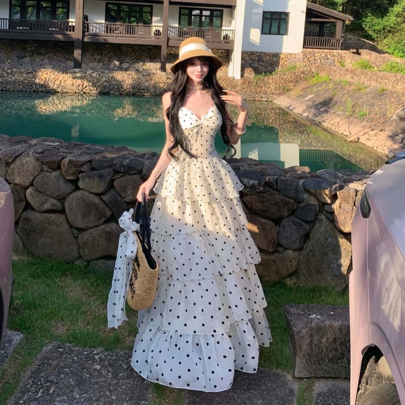 로마 휴일 도트 무늬 프랑스식 휴가 부드러운 포인트 허리 수축 디스플레이 케이크 패션 슬립 드레스 품격 롱 스커트 이미지 5