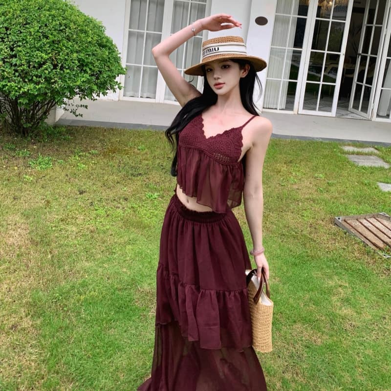 프랑스식 고유 한 아름다운 섹시함 휴가 바람 수공 짜임 캐미솔 다중 레이어 주름 롱 코트 반신 치마 세트 이미지 2