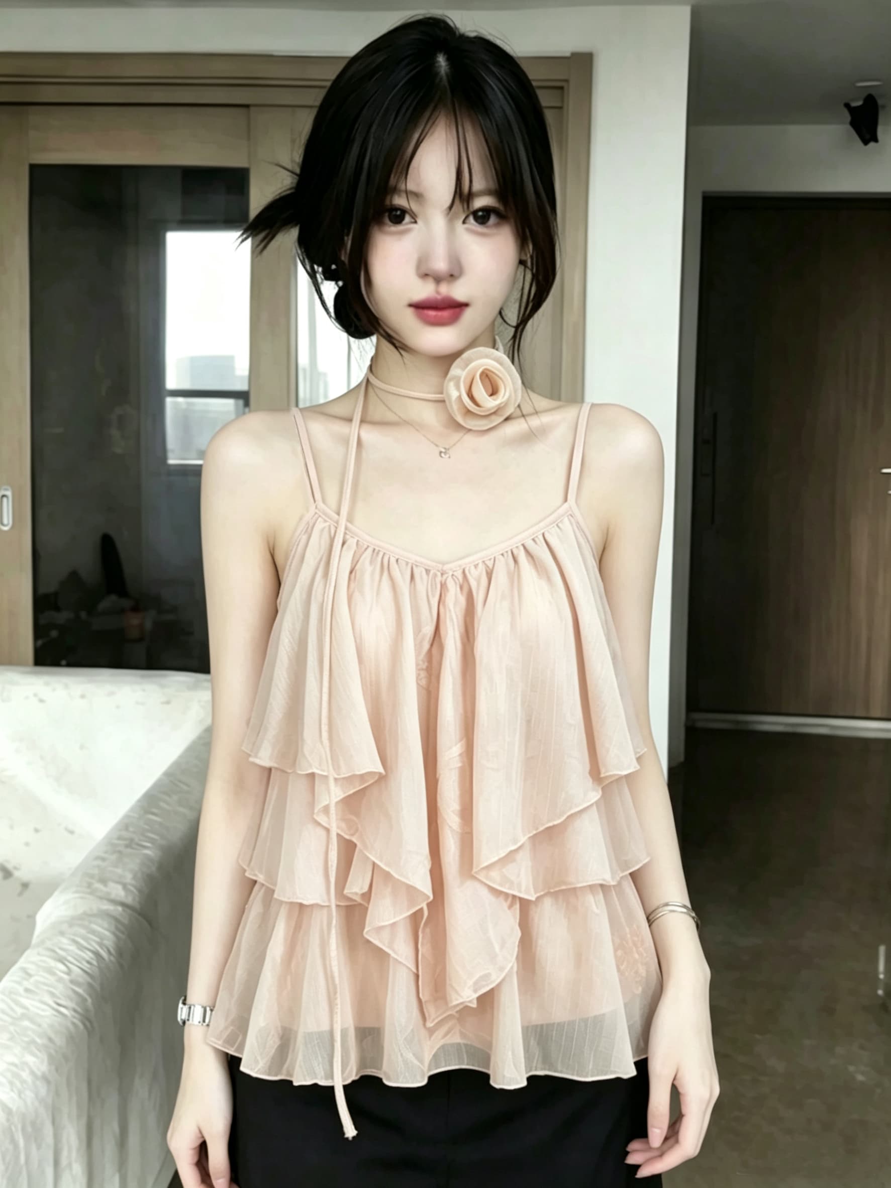 실사 2026 여름 드레스 새로운 3 차원 꽃 캐미솔 불규칙 프릴 루즈핏 민소매 맨위