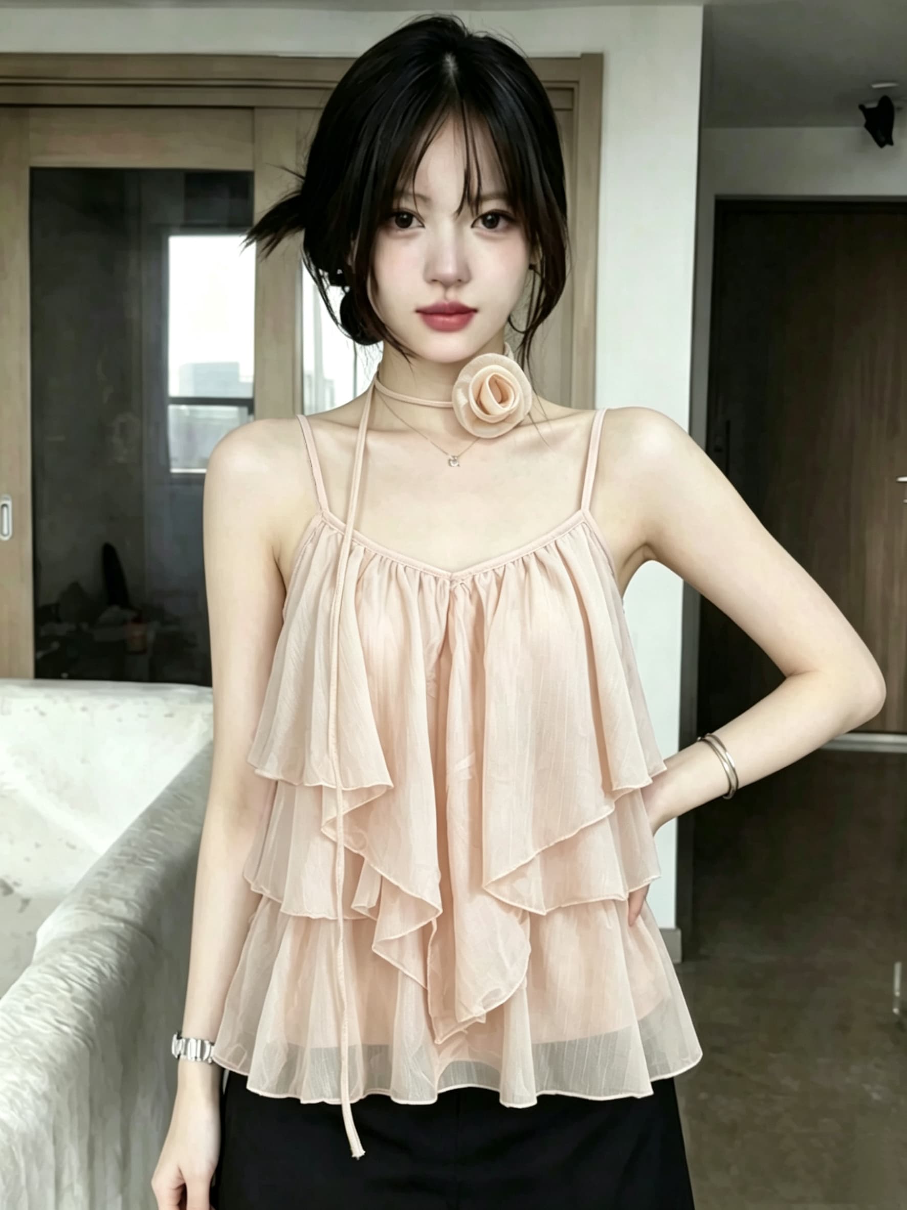 실사 2026 여름 드레스 새로운 3 차원 꽃 캐미솔 불규칙 프릴 루즈핏 민소매 맨위 이미지 3