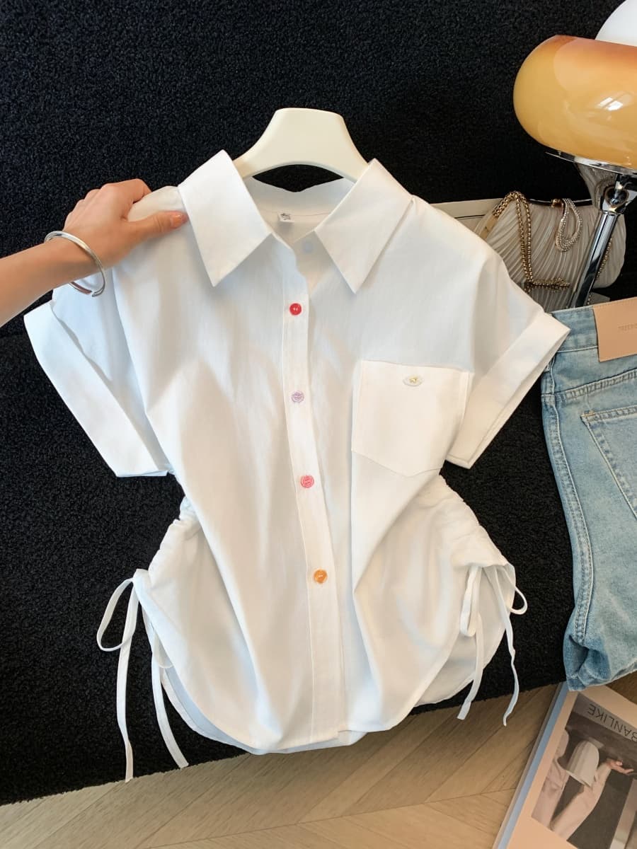 실사 한국 스타일 루즈핏 POLO 칼라 디자인 센스 반팔 셔츠 캐주얼 다용도 쇼트 스타일 펌프 로프 맨위 이미지 5
