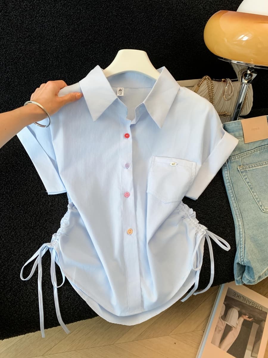 실사 한국 스타일 루즈핏 POLO 칼라 디자인 센스 반팔 셔츠 캐주얼 다용도 쇼트 스타일 펌프 로프 맨위 상세 이미지 6