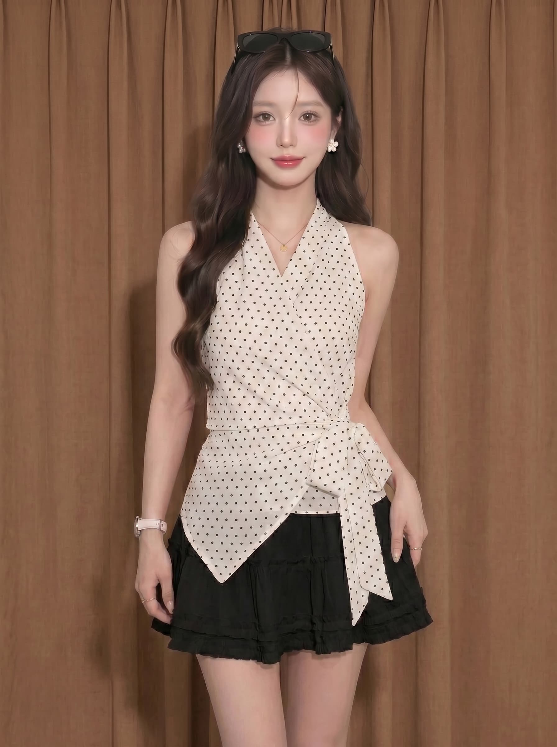 ai 실사 여름 한국 스타일 다용도 캐주얼 레트로 V넥 쉬폰 허리 수축 민소매 작은 셔츠 품격 슬림해 보이는 맨위 여성 이미지 3