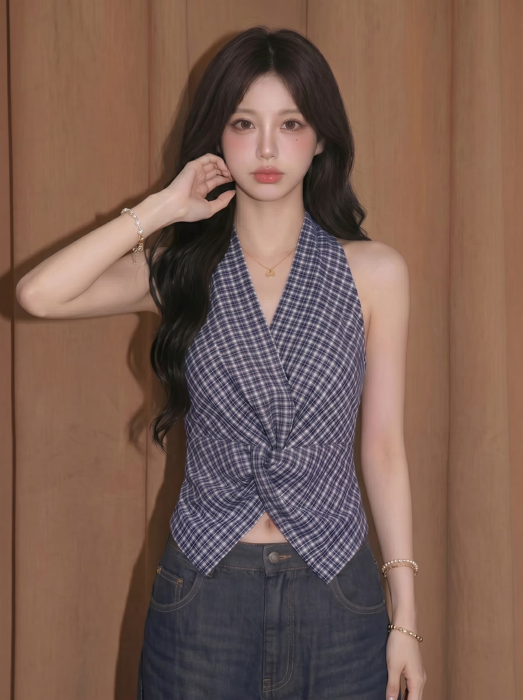 실사 항구 바람 레트로 빨간색 그리드 행침 목 조끼 여성 휴가 바람 허리 수축 V넥 민소매 작은 셔츠 맨위 상세 이미지 5
