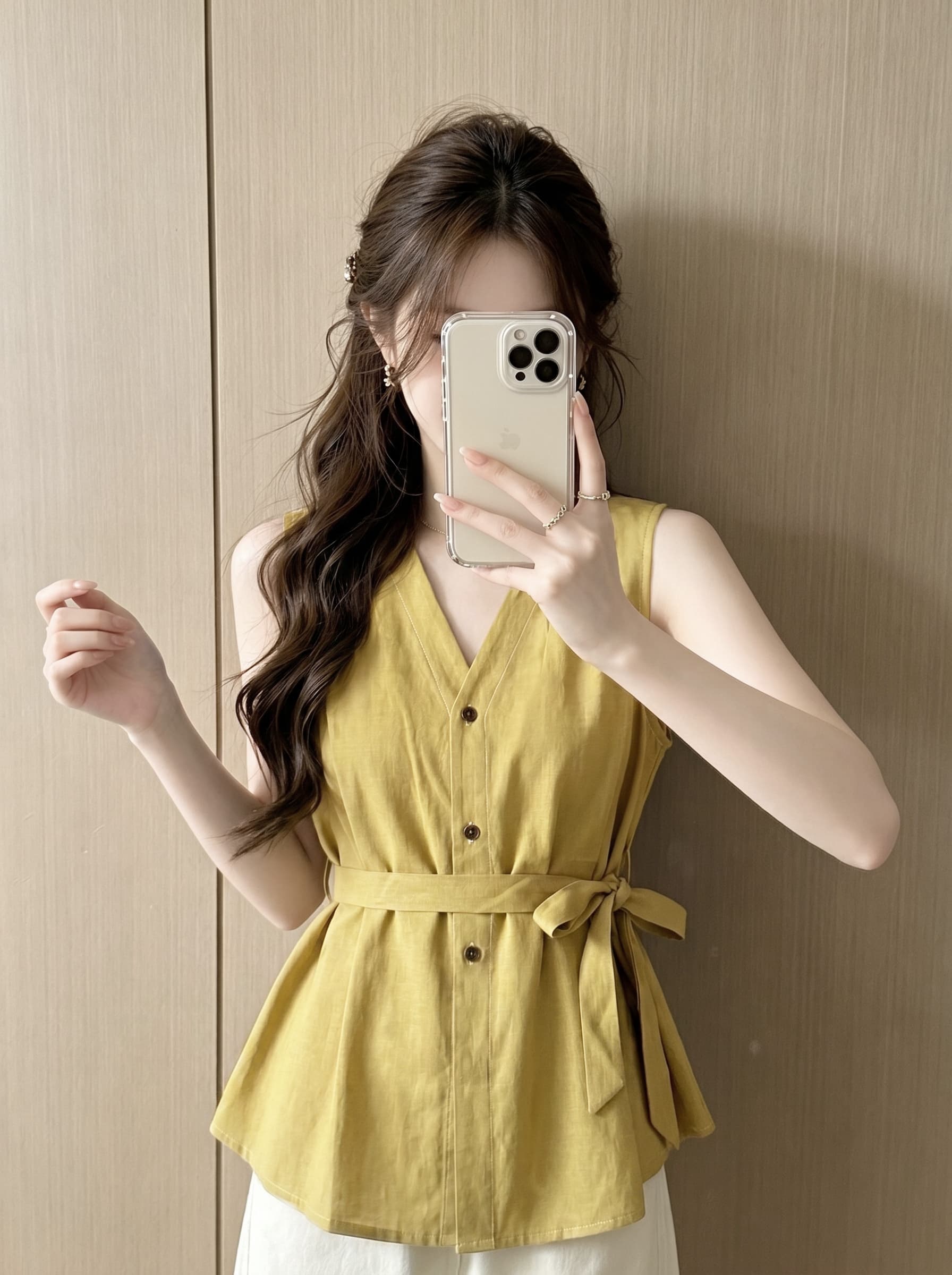 실사 민소매 여성 셔츠 2026 여름 새로운 프랑스식 V넥 민소매 베스트 허리 수축 슬림해 보이는 조끼 이미지 3