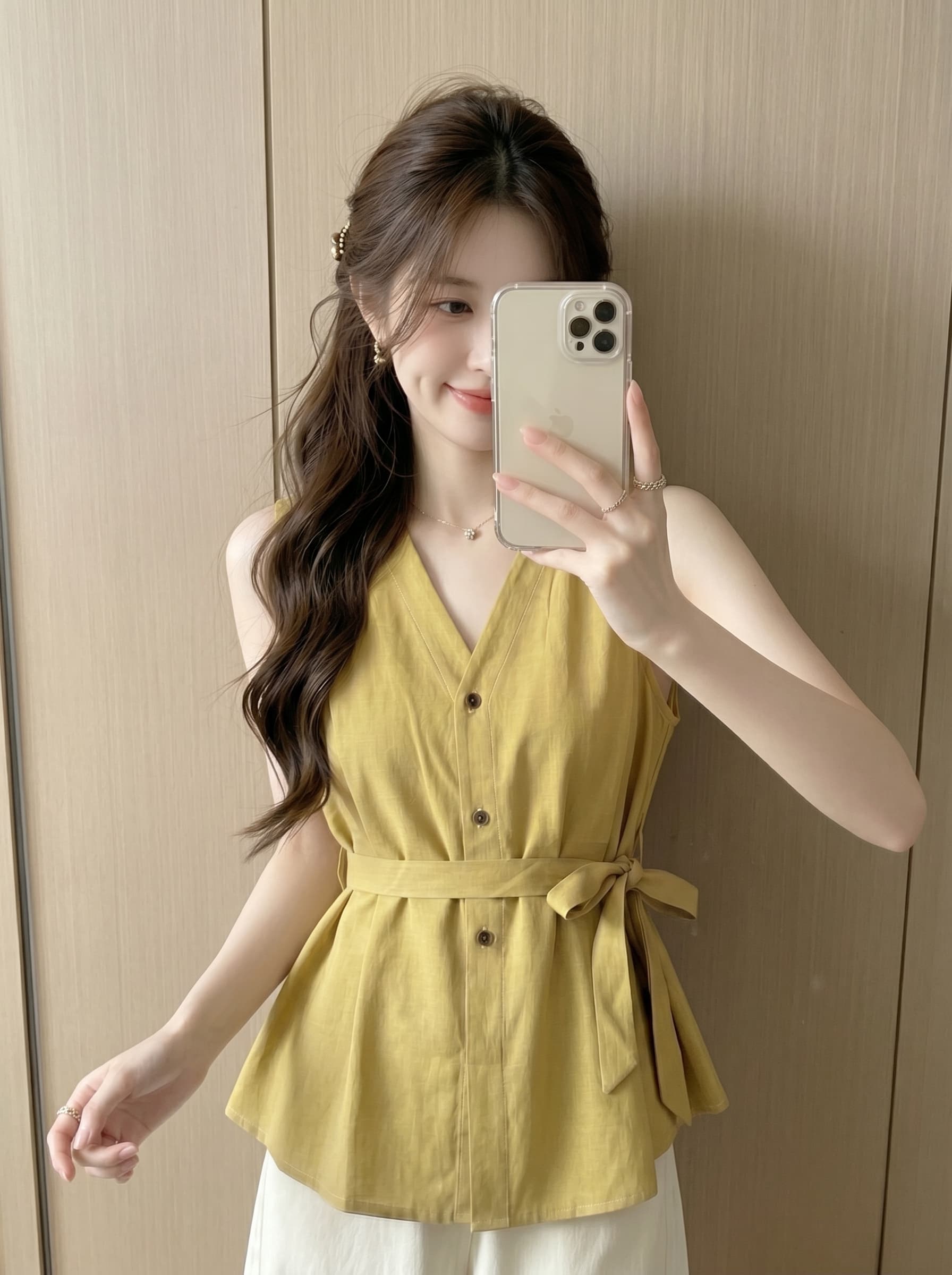 실사 민소매 여성 셔츠 2026 여름 새로운 프랑스식 V넥 민소매 베스트 허리 수축 슬림해 보이는 조끼 상세 이미지 4