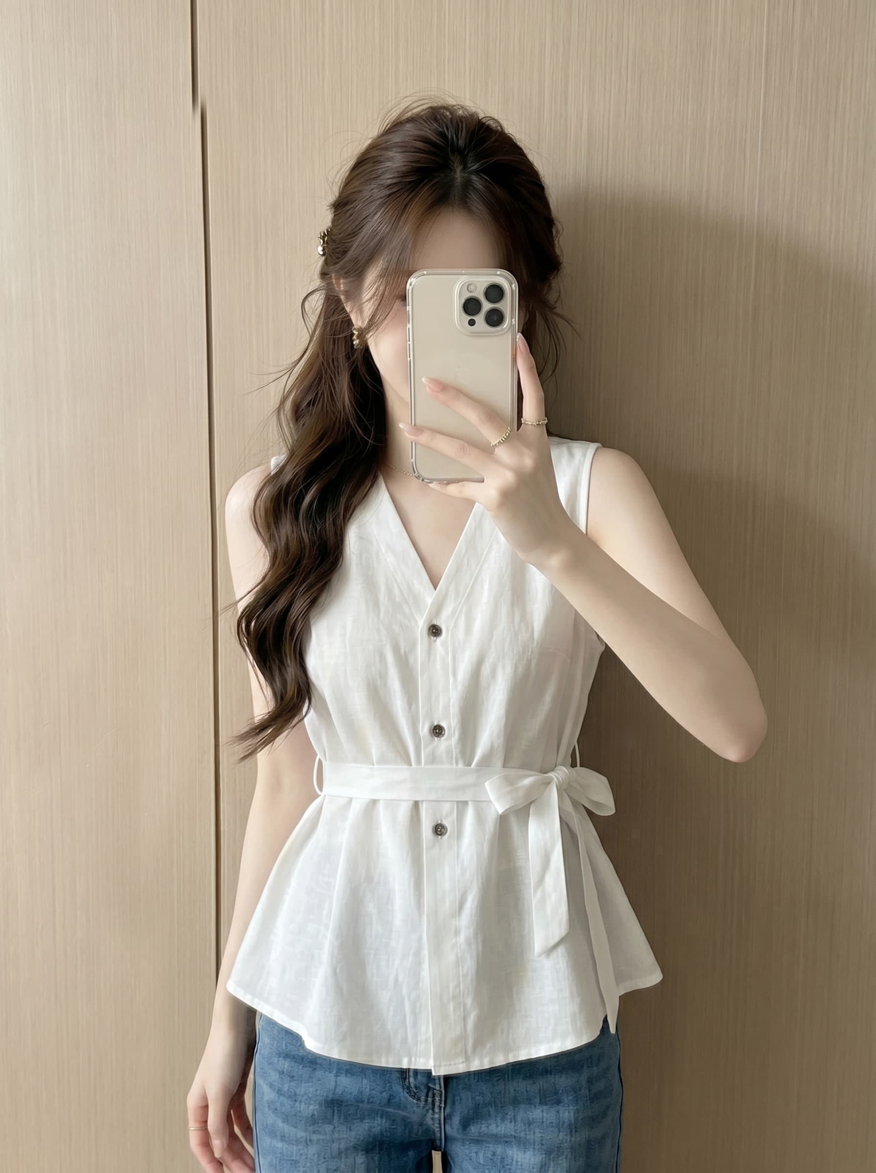 실사 민소매 여성 셔츠 2026 여름 새로운 프랑스식 V넥 민소매 베스트 허리 수축 슬림해 보이는 조끼 상세 이미지 6