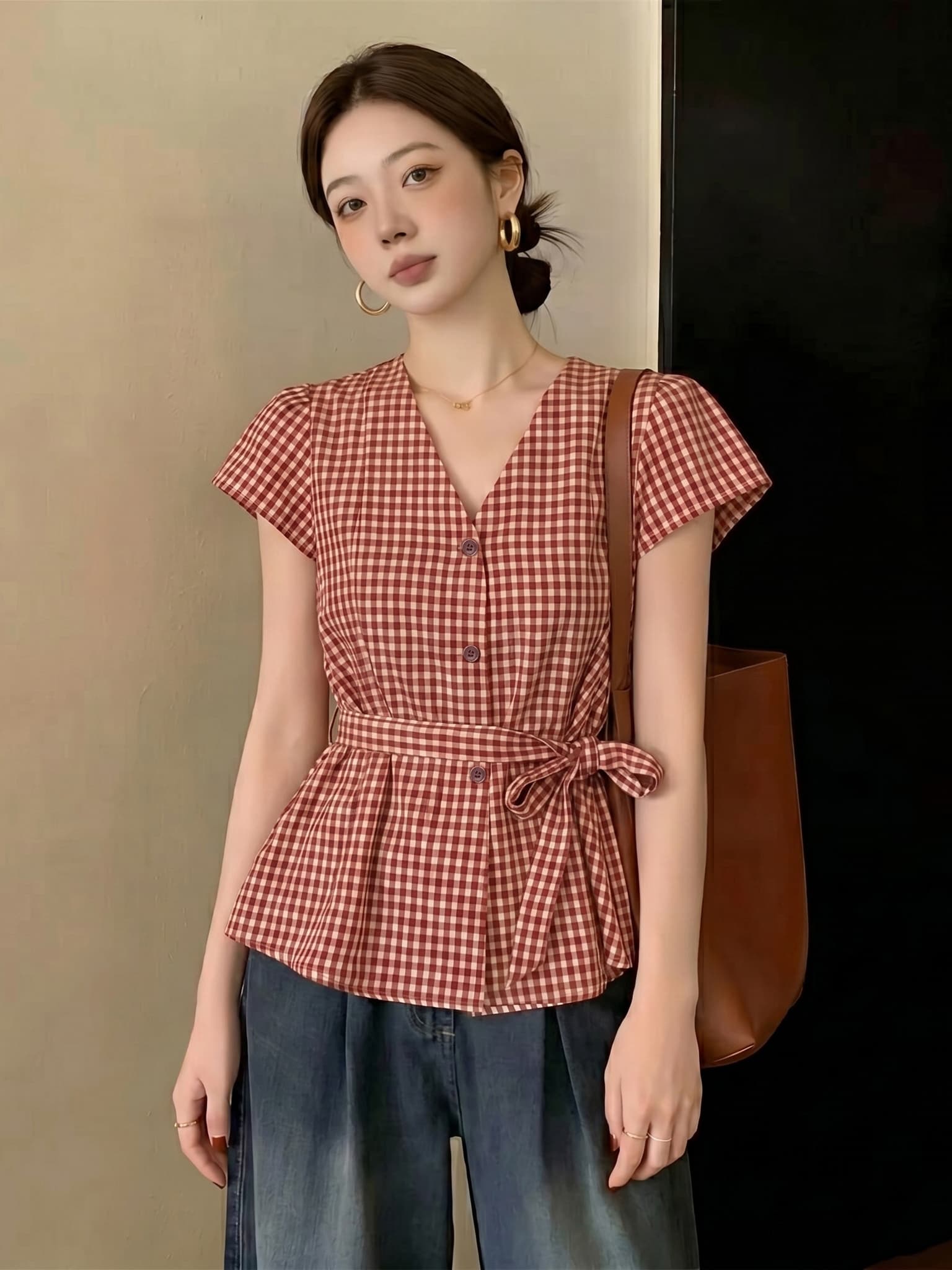 ai 실사 지금 2026 여름 새로운 프랑스식 레트로 빨간색 체크무늬 V넥 민소매 베스트 허리 수축 슬림해 보이는 조끼 이미지 2