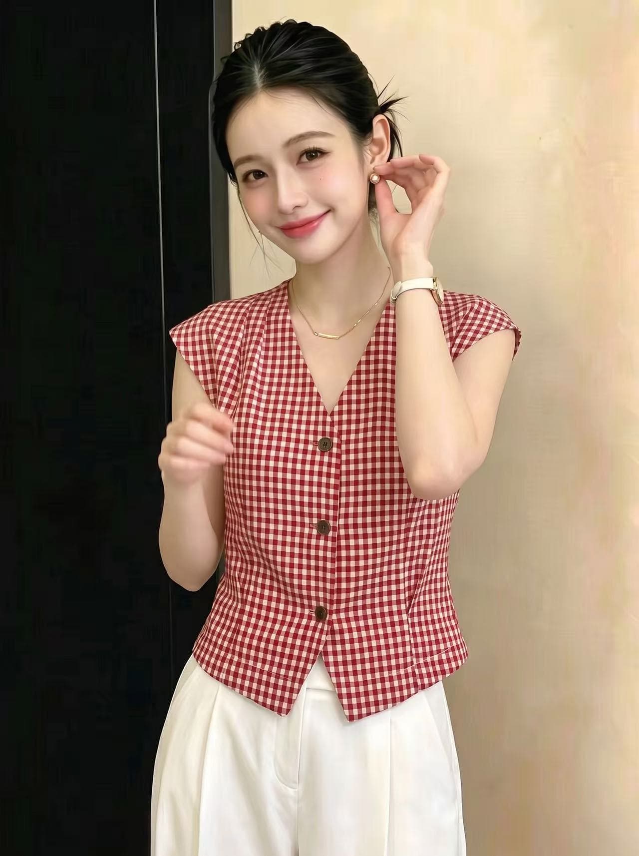 실사 항구 바람 레트로 민소매 체크무늬 여성 셔츠 2026 년 여름 새로운 고급 셔츠 품격 조끼 맨위 상세 이미지 5