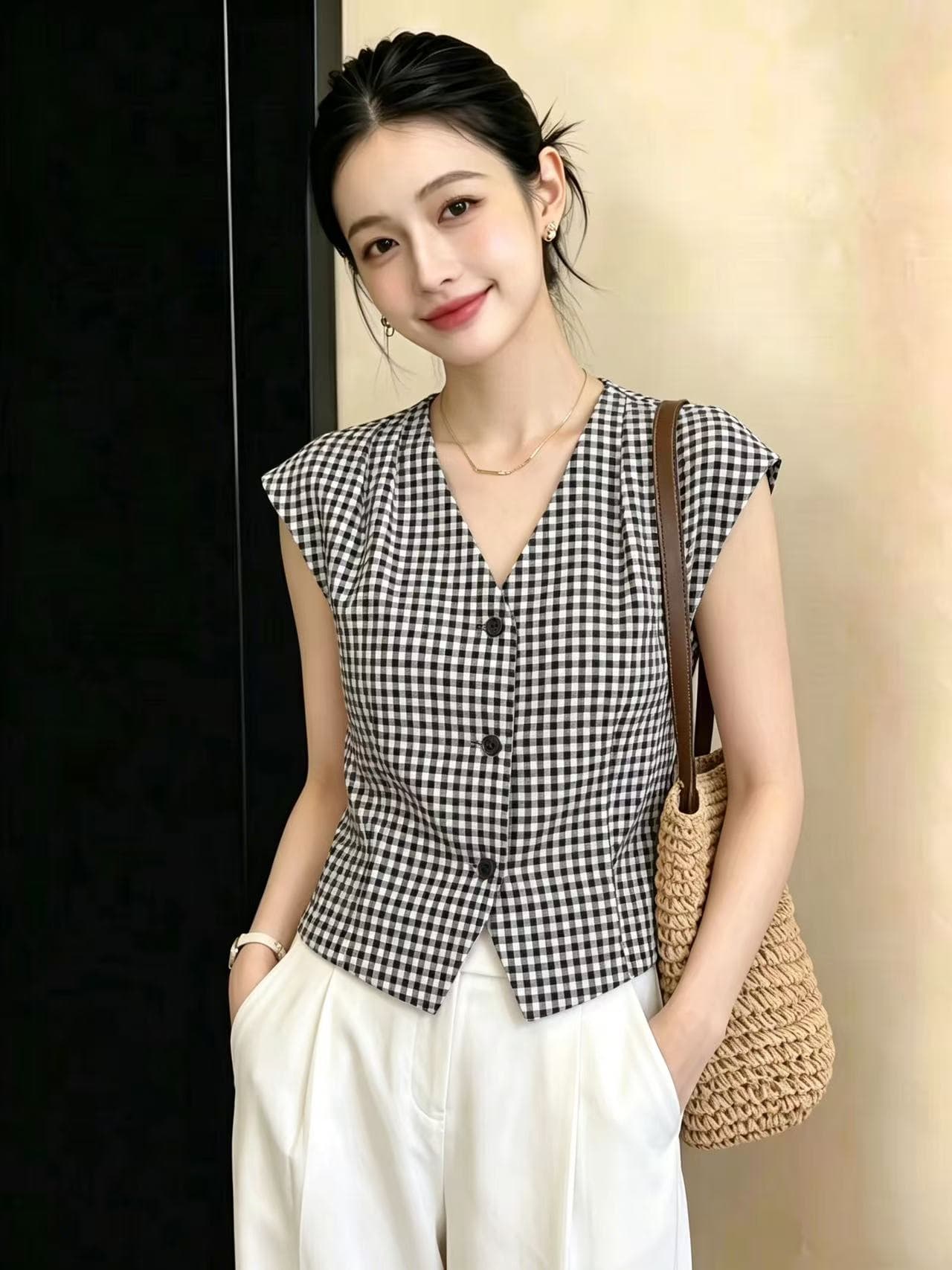 실사 항구 바람 레트로 민소매 체크무늬 여성 셔츠 2026 년 여름 새로운 고급 셔츠 품격 조끼 맨위 상세 이미지 9