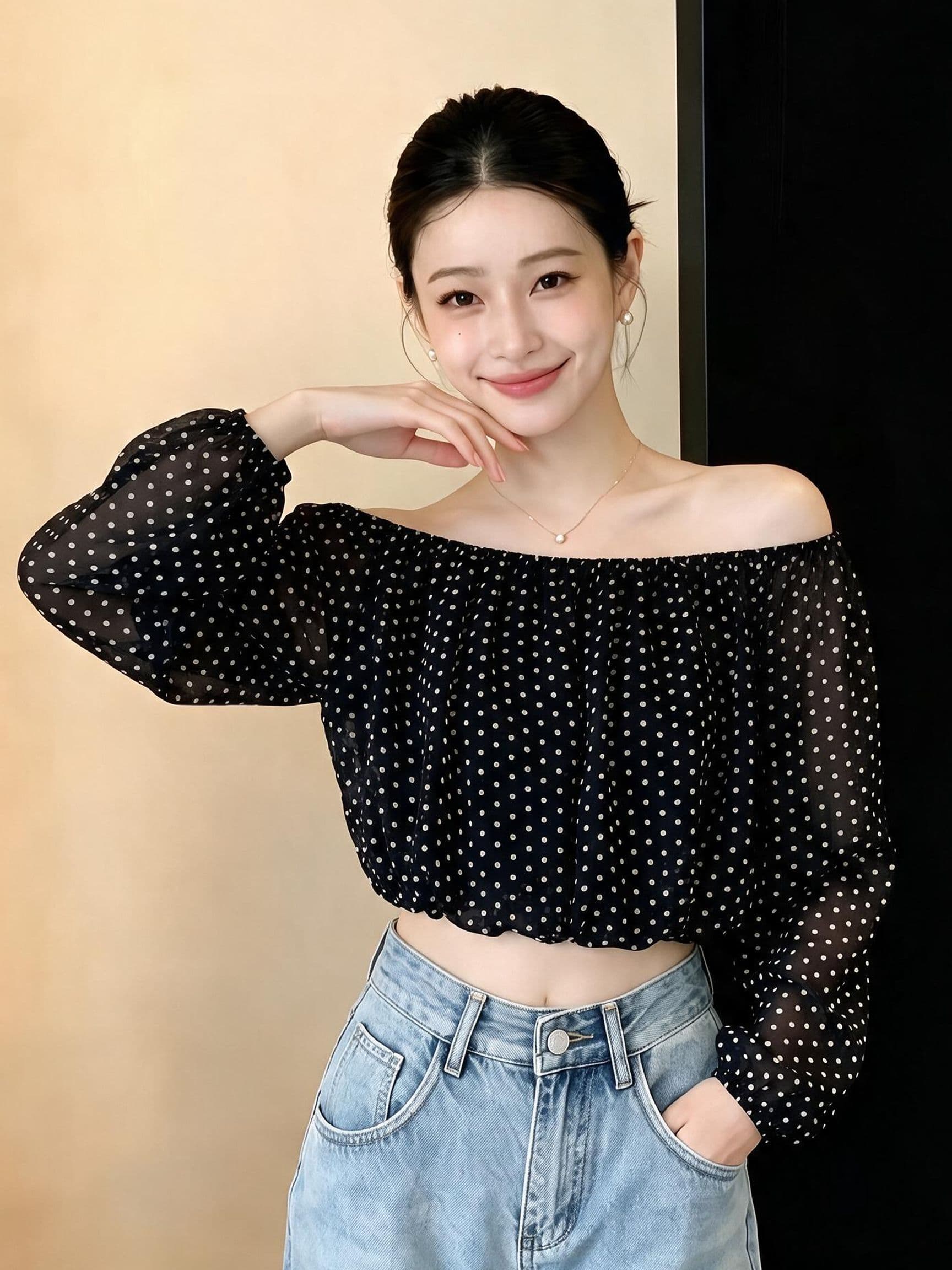 실사 이른 가을 새로운 프랑스식 섹시함 품격 오프숄더 긴팔 맨위 여성 쇼트 스타일 쉬폰 작은 셔츠 상세 이미지 8