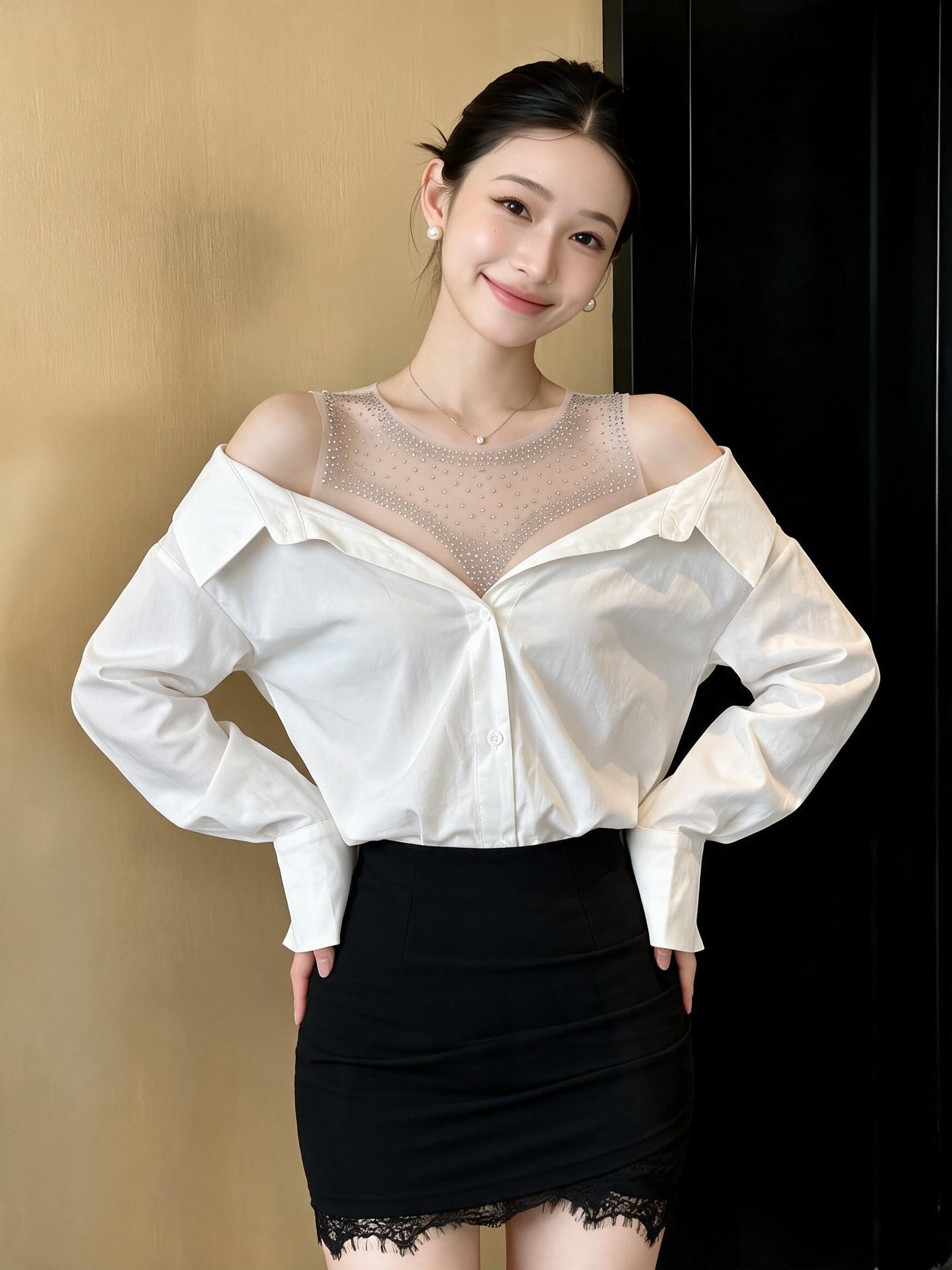 실사 20256 새로운 오프숄더 섹시함 핫픽스 망사 고급 패치워크 외국 가스 달콤함 오프숄더 셔츠 이미지 4