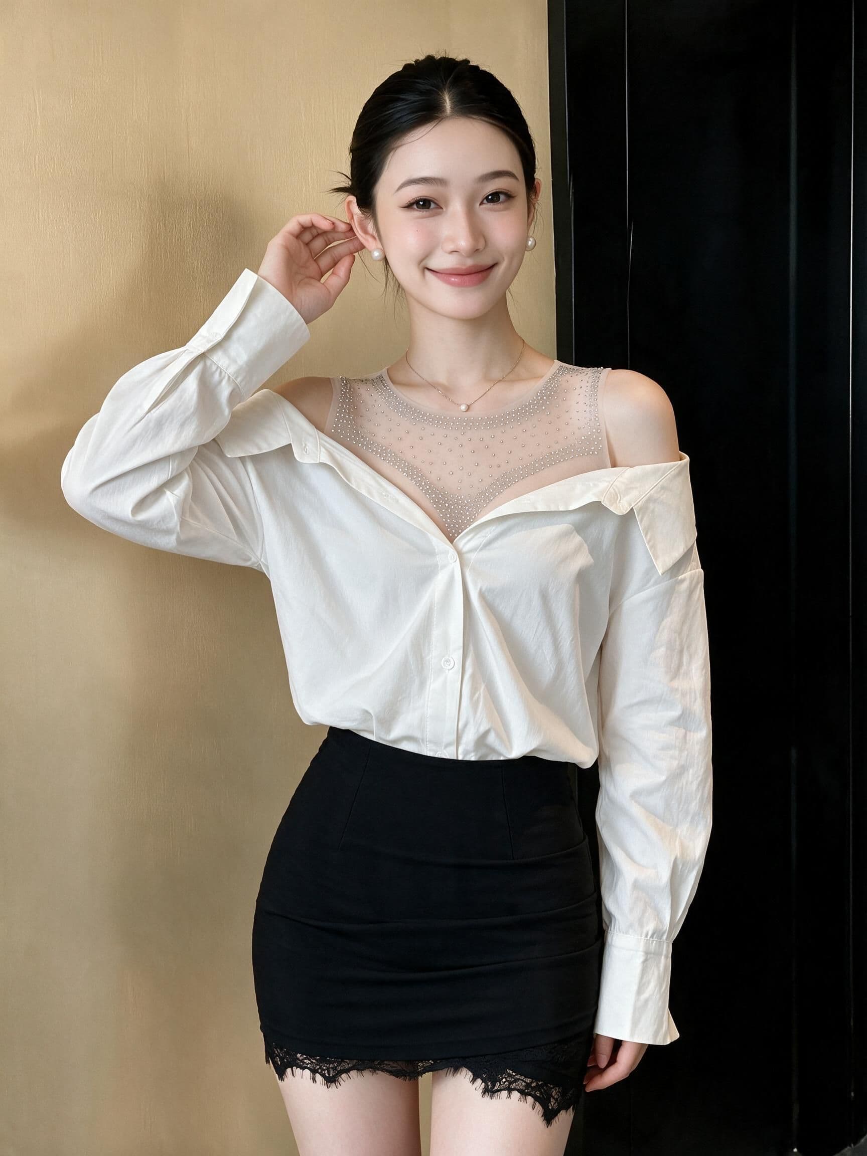 실사 20256 새로운 오프숄더 섹시함 핫픽스 망사 고급 패치워크 외국 가스 달콤함 오프숄더 셔츠 상세 이미지 4