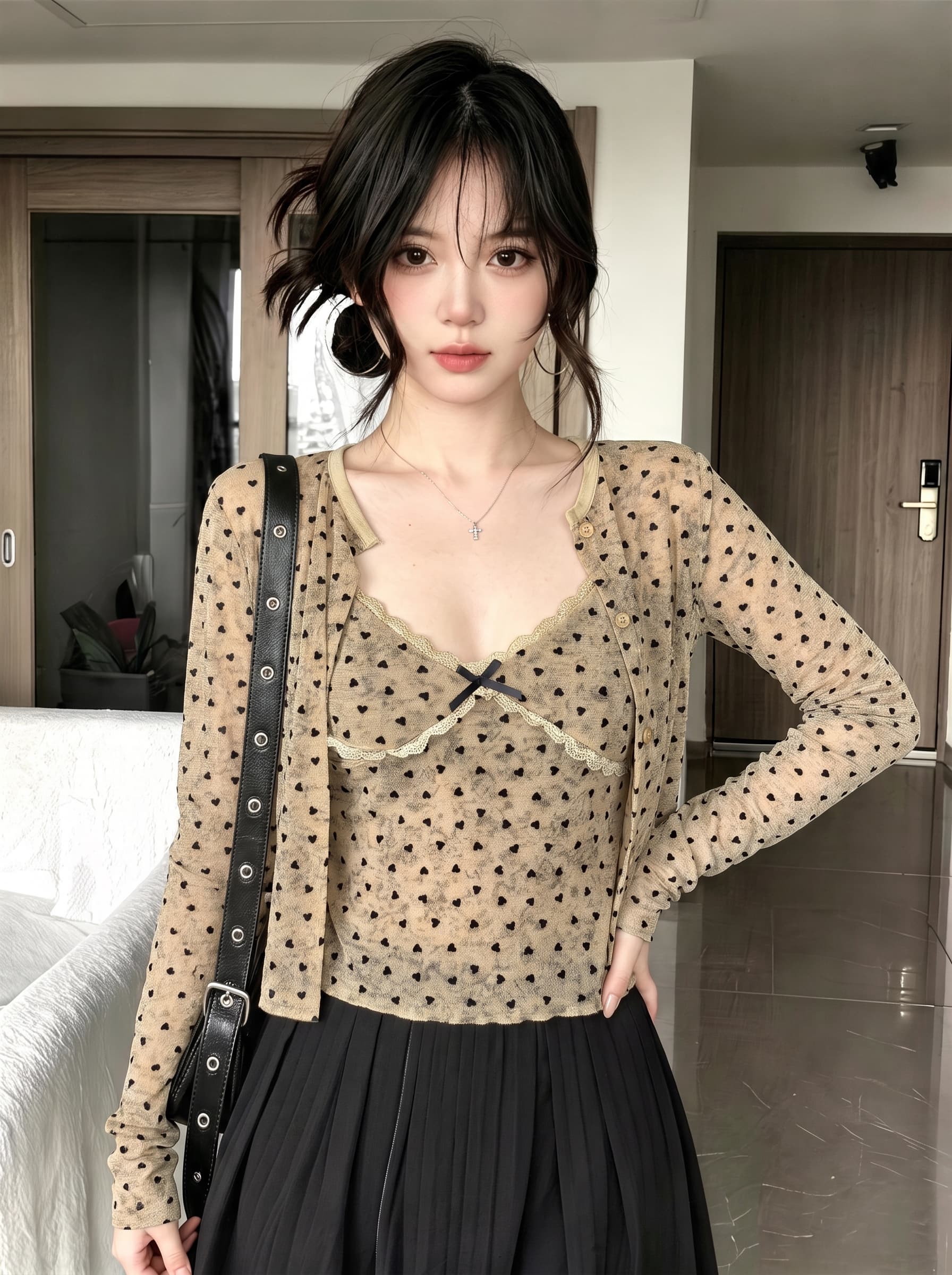 실사 가을 달콤함 작은 하트 긴팔 몸매 가꾸기 자외선 차단 오픈 가디건 티셔츠 품격 나비 매듭 슬립 투피스 세트 이미지 3