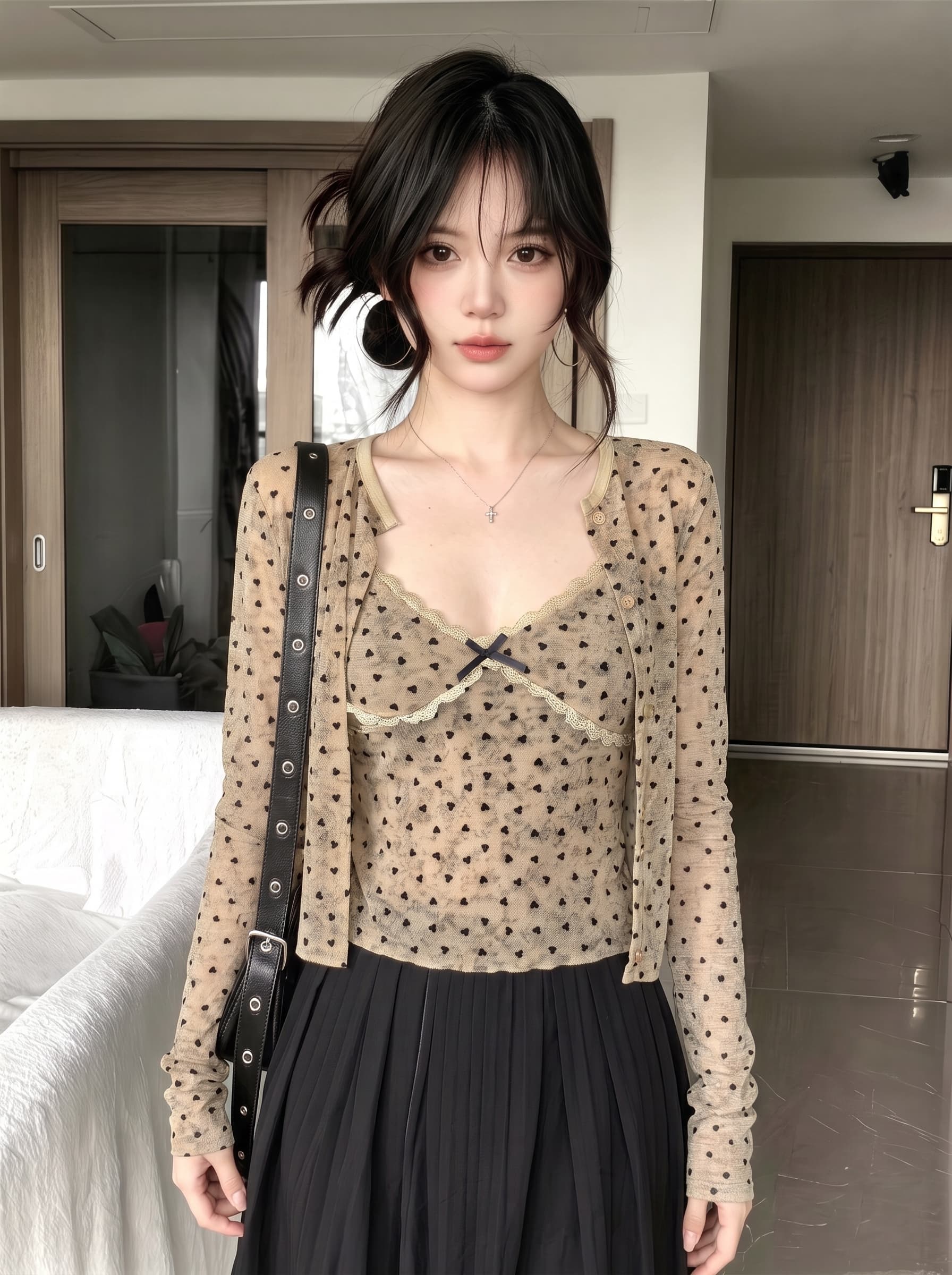 실사 가을 달콤함 작은 하트 긴팔 몸매 가꾸기 자외선 차단 오픈 가디건 티셔츠 품격 나비 매듭 슬립 투피스 세트 상세 이미지 3