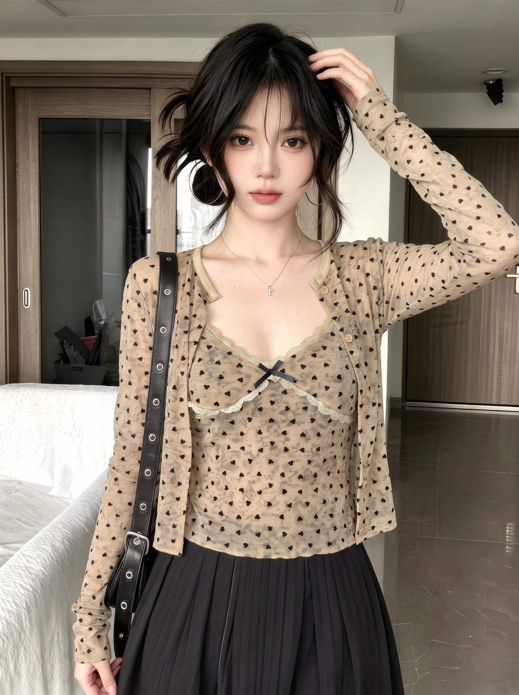 실사 가을 달콤함 작은 하트 긴팔 몸매 가꾸기 자외선 차단 오픈 가디건 티셔츠 품격 나비 매듭 슬립 투피스 세트 상세 이미지 4