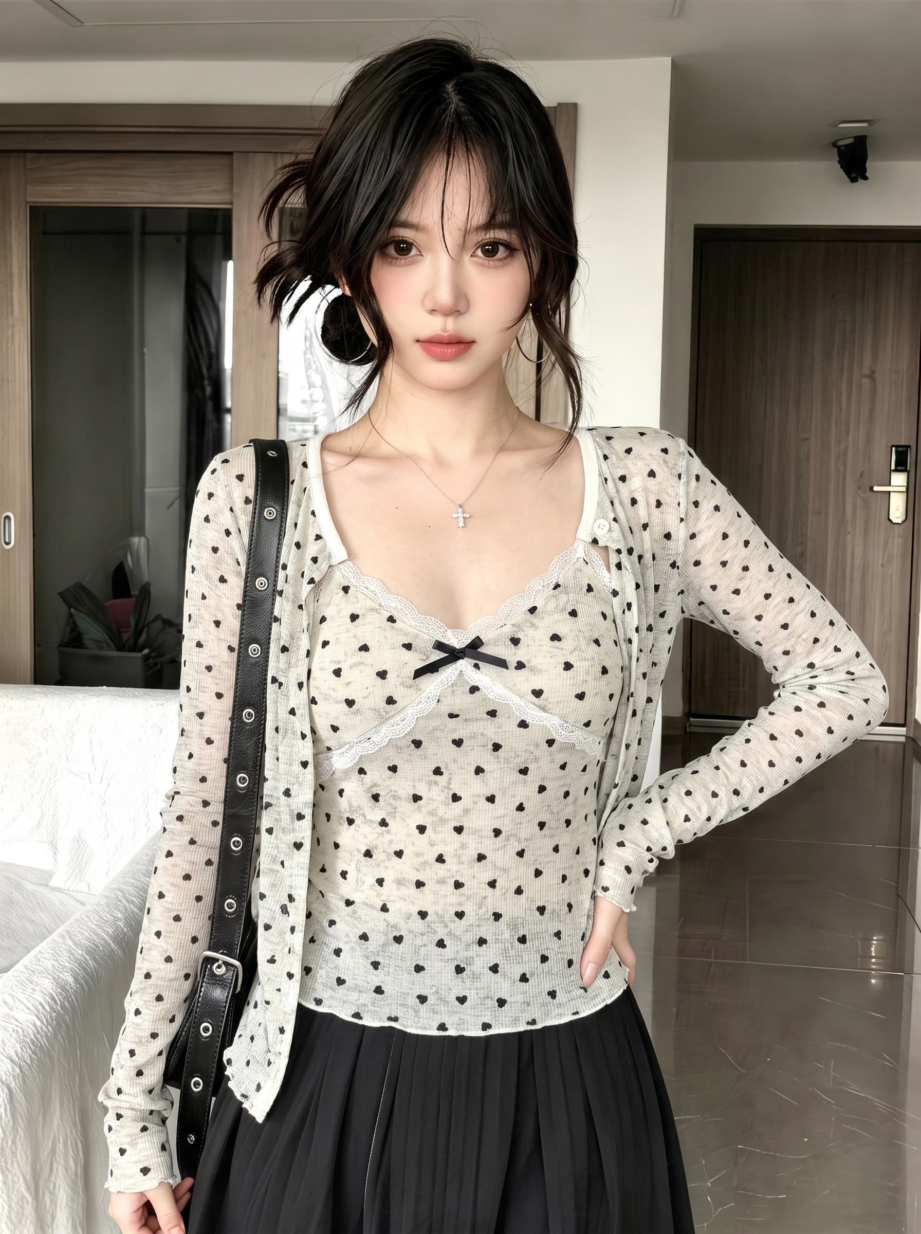 실사 가을 달콤함 작은 하트 긴팔 몸매 가꾸기 자외선 차단 오픈 가디건 티셔츠 품격 나비 매듭 슬립 투피스 세트 상세 이미지 5