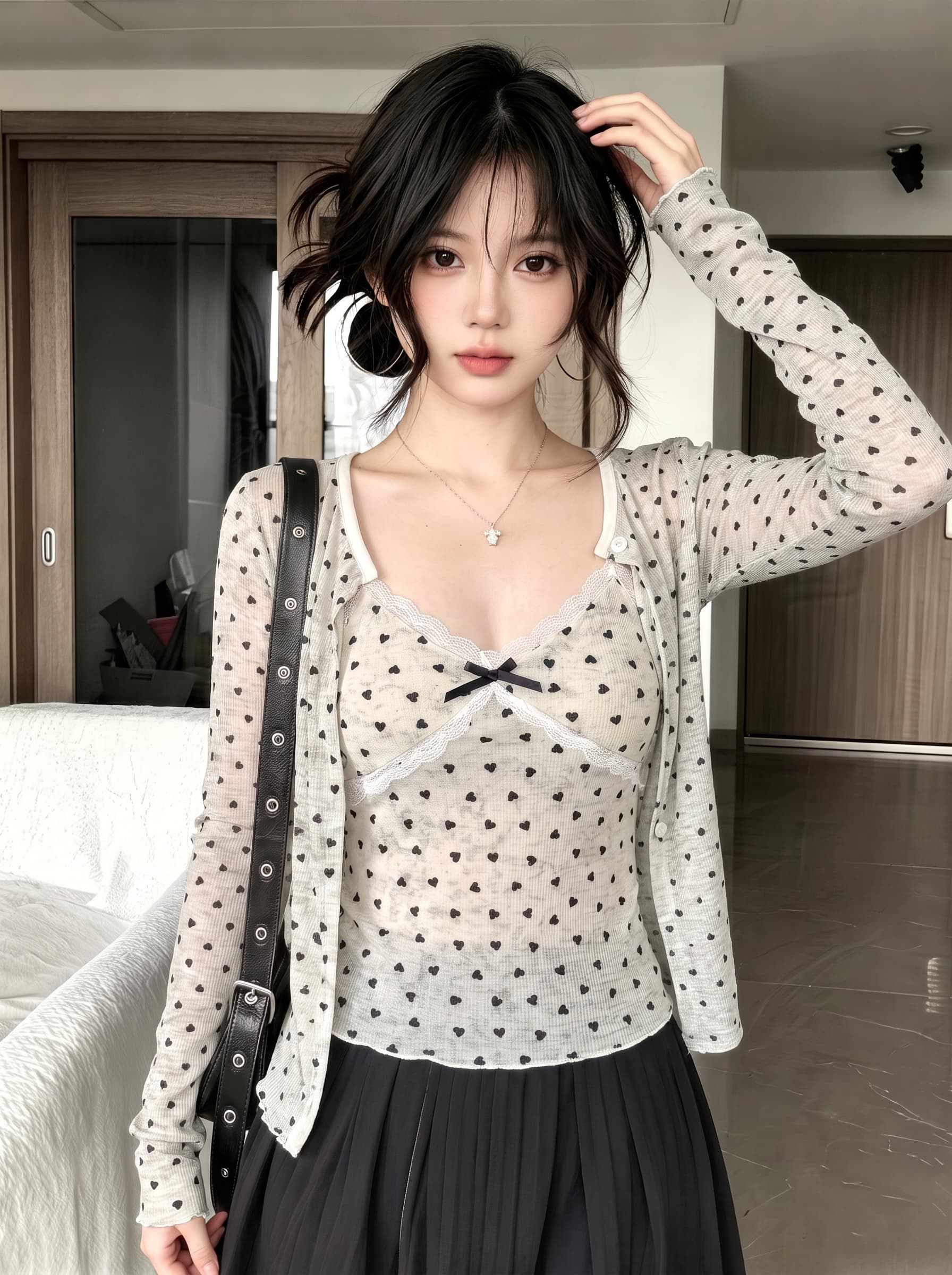 실사 가을 달콤함 작은 하트 긴팔 몸매 가꾸기 자외선 차단 오픈 가디건 티셔츠 품격 나비 매듭 슬립 투피스 세트 상세 이미지 7