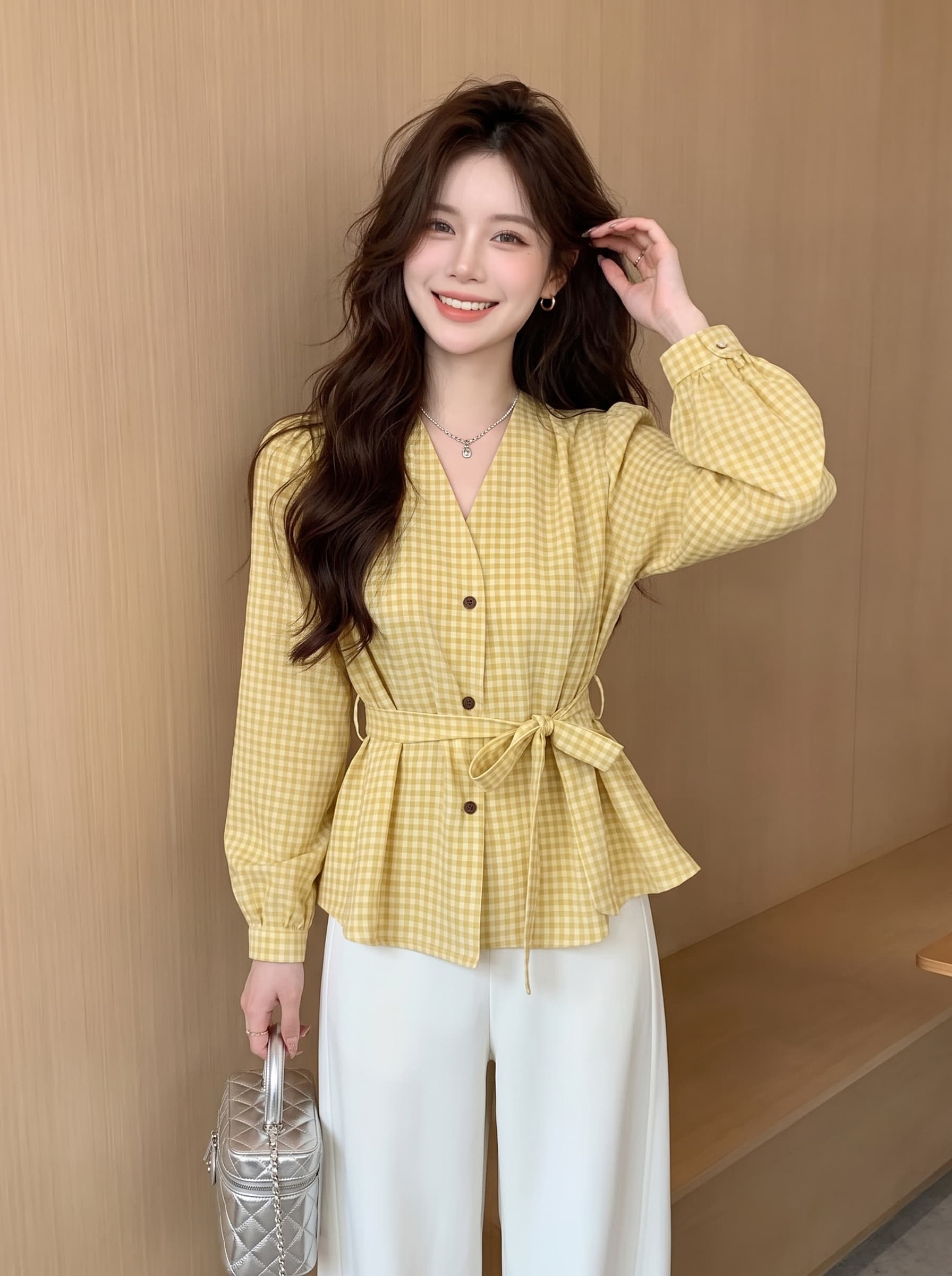 빛 요리 한 항구 바람 빨간색 체크무늬 허리 수축 여성 셔츠 가을 외출용 행침 목 리본 긴팔 조끼 베스트 맨위 서비스 이미지 2