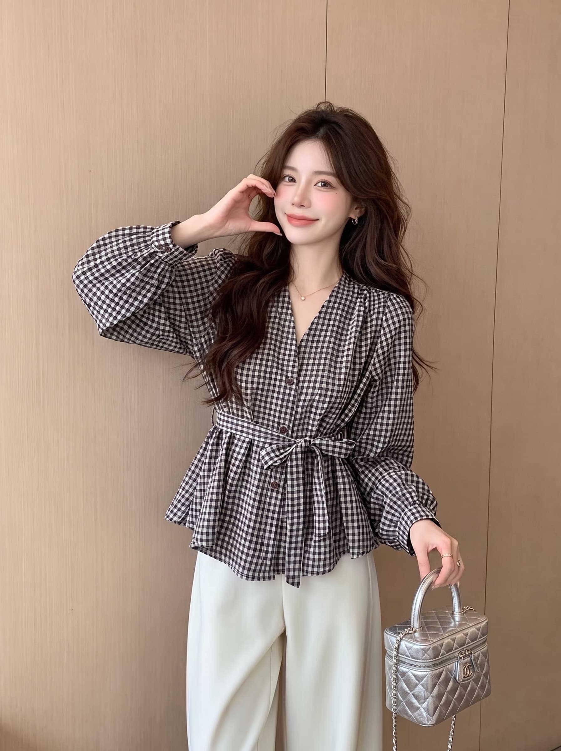 빛 요리 한 항구 바람 빨간색 체크무늬 허리 수축 여성 셔츠 가을 외출용 행침 목 리본 긴팔 조끼 베스트 맨위 서비스 이미지 4