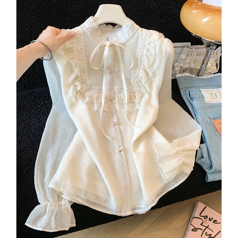 실사 궁정 프랑스식 빛 럭셔리 레이스 꽃 반하이넥 Chic 디자인 센스 바지를 입는 셔츠 이미지 6