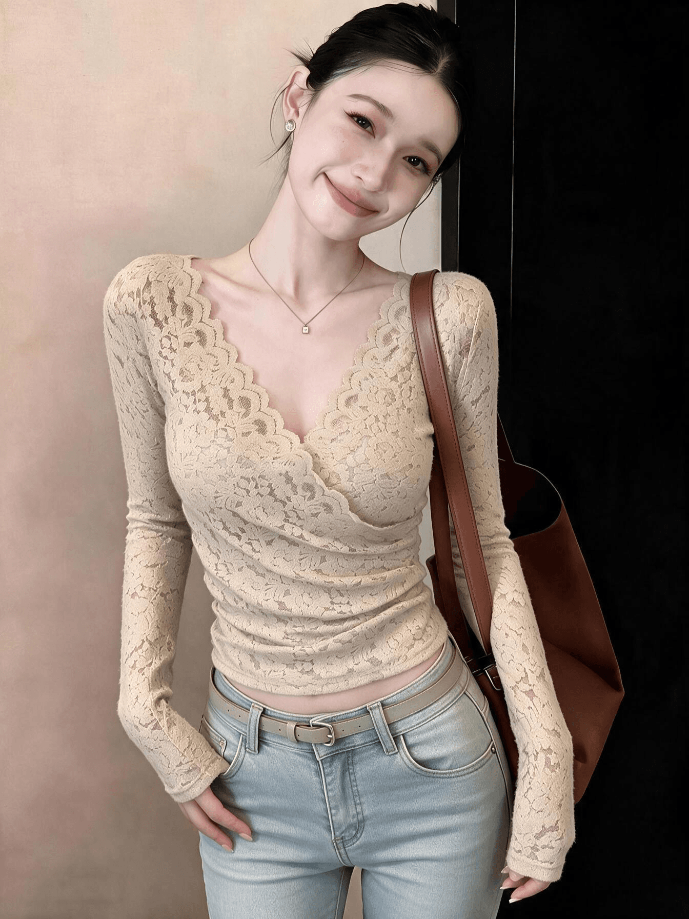 실사 순수한 욕망 바람 보라색 V넥 레이스 긴팔 여성 셔츠 가을 겨울철 품격 연령 감소 몸매 가꾸기 슬림해 보이는 맨위 이미지 3