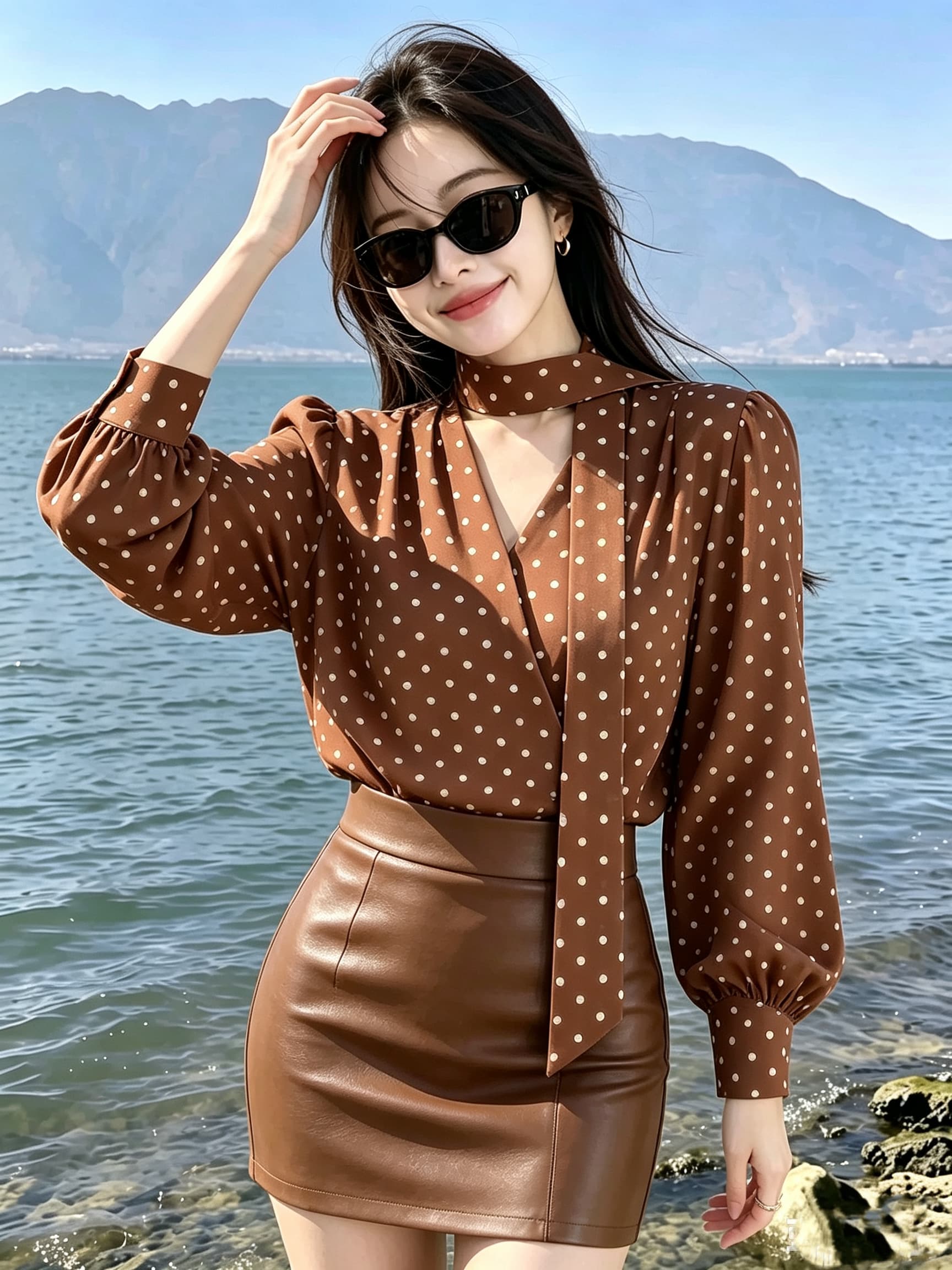 실사 2026 가을 새로운 레트로 프랑스식 나비 매듭 도트 무늬 쉬폰 여성 셔츠 루즈핏 느긋한 센스 품격 맨위