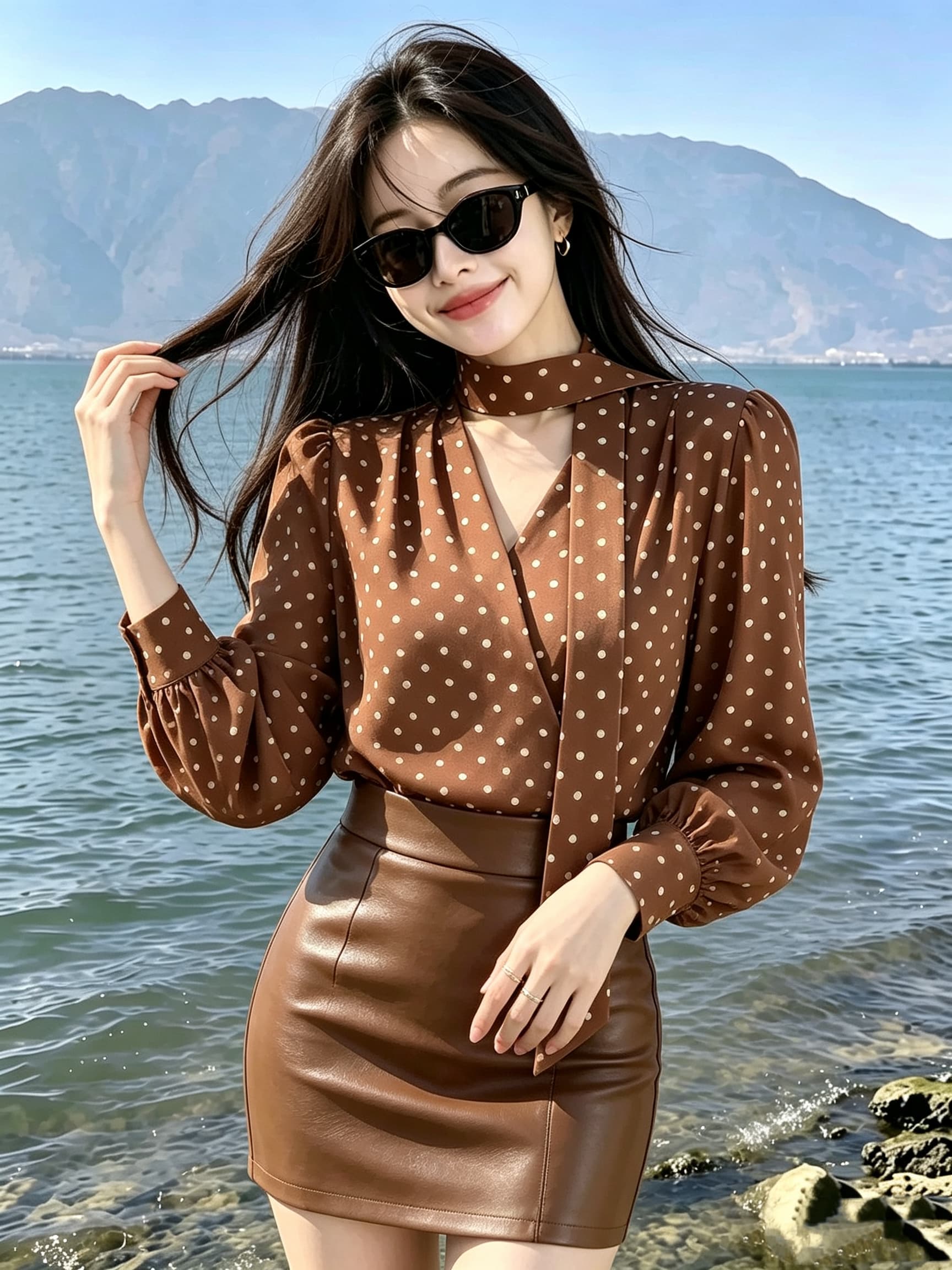 실사 2026 가을 새로운 레트로 프랑스식 나비 매듭 도트 무늬 쉬폰 여성 셔츠 루즈핏 느긋한 센스 품격 맨위 상세 이미지 4