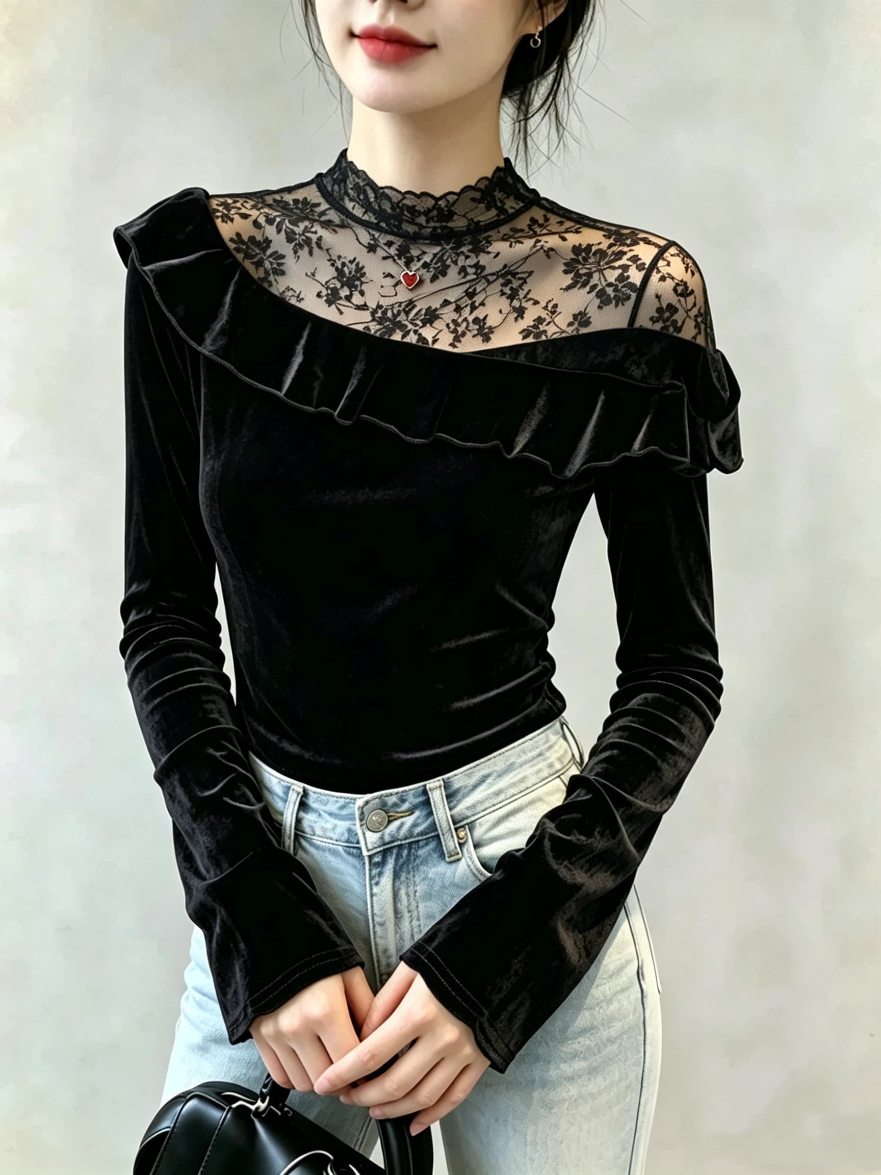 켜기 실사 프랑스식 프릴 긴팔 벨벳 티셔츠 여성 가을 홀로우 아웃 망사 패치워크 기본 셔츠 핫걸 꼬집기 허리 상세 이미지 2