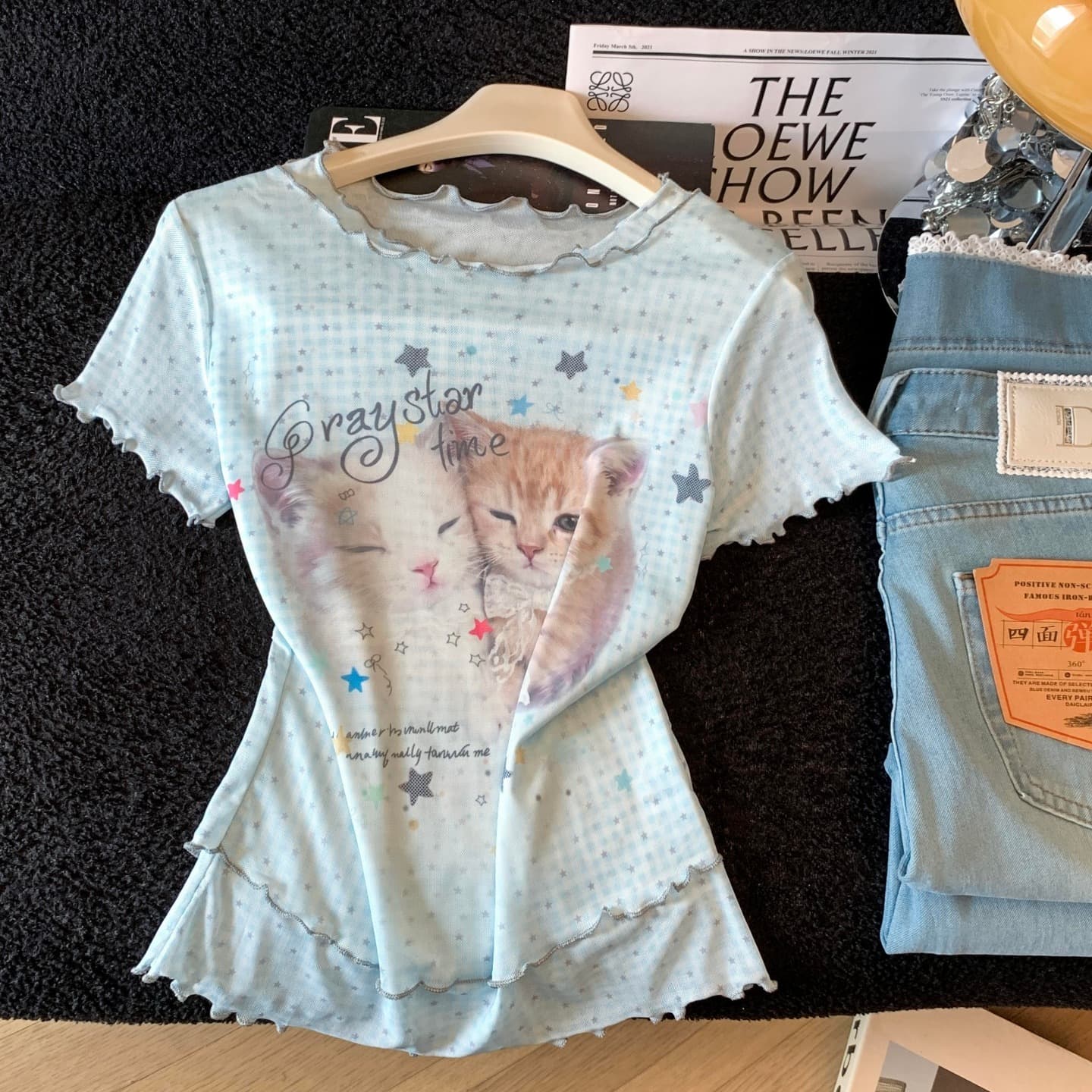 실사 귀여운 고양이 페이크 레이어드 별 망사 반팔 티셔츠 여성 여름 몸매 가꾸기 슬림해 보이는 쇼트 스타일 달콤한 자매 맨위 이미지 6